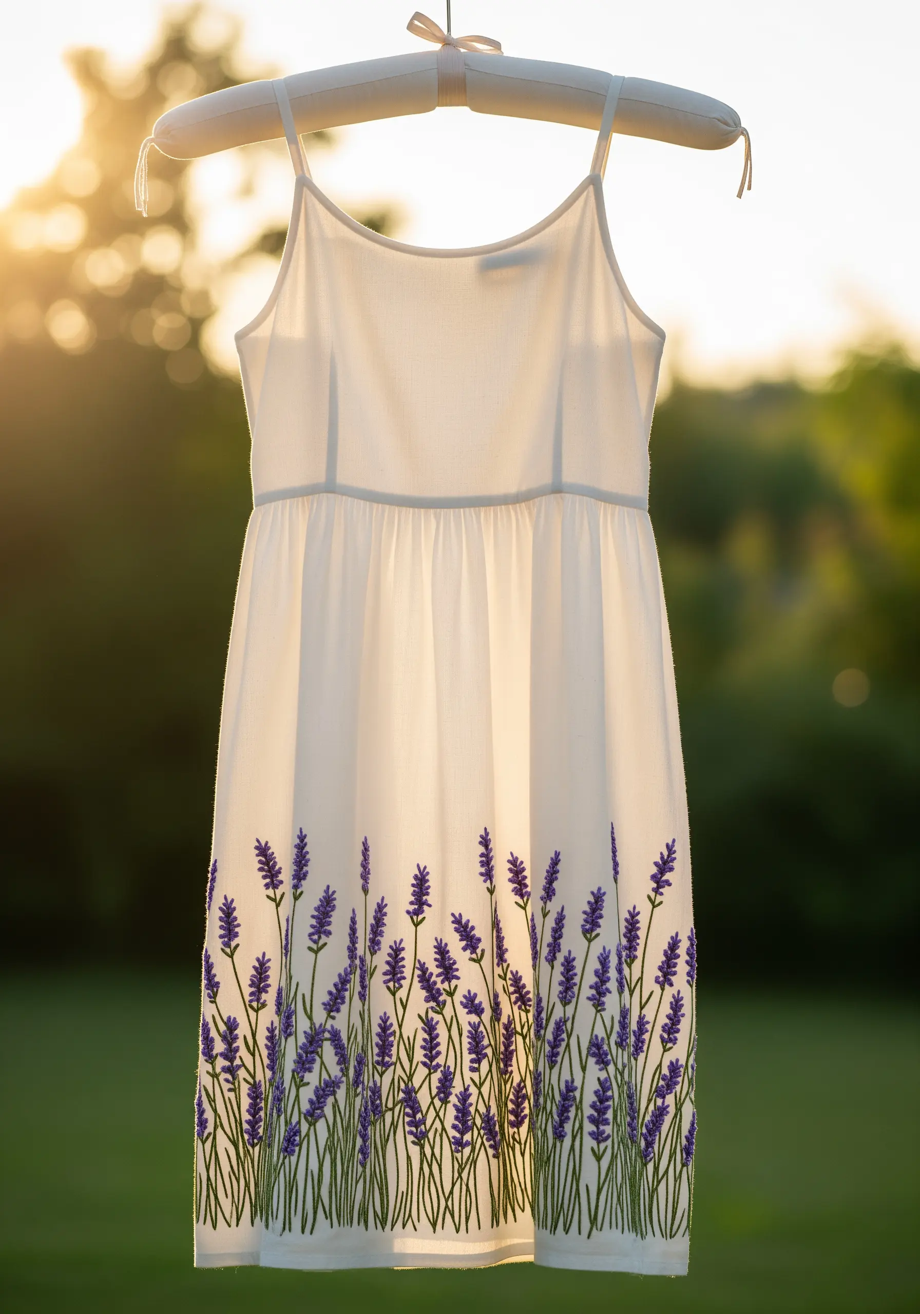 A border of embroidered lavender flowers along the hem of a white summer dress.