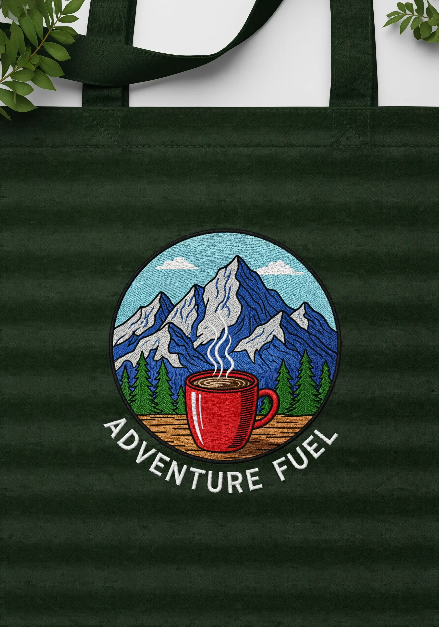 Embroidered patch of a mountain landscape with a red coffee mug and 'Adventure Fuel' text.