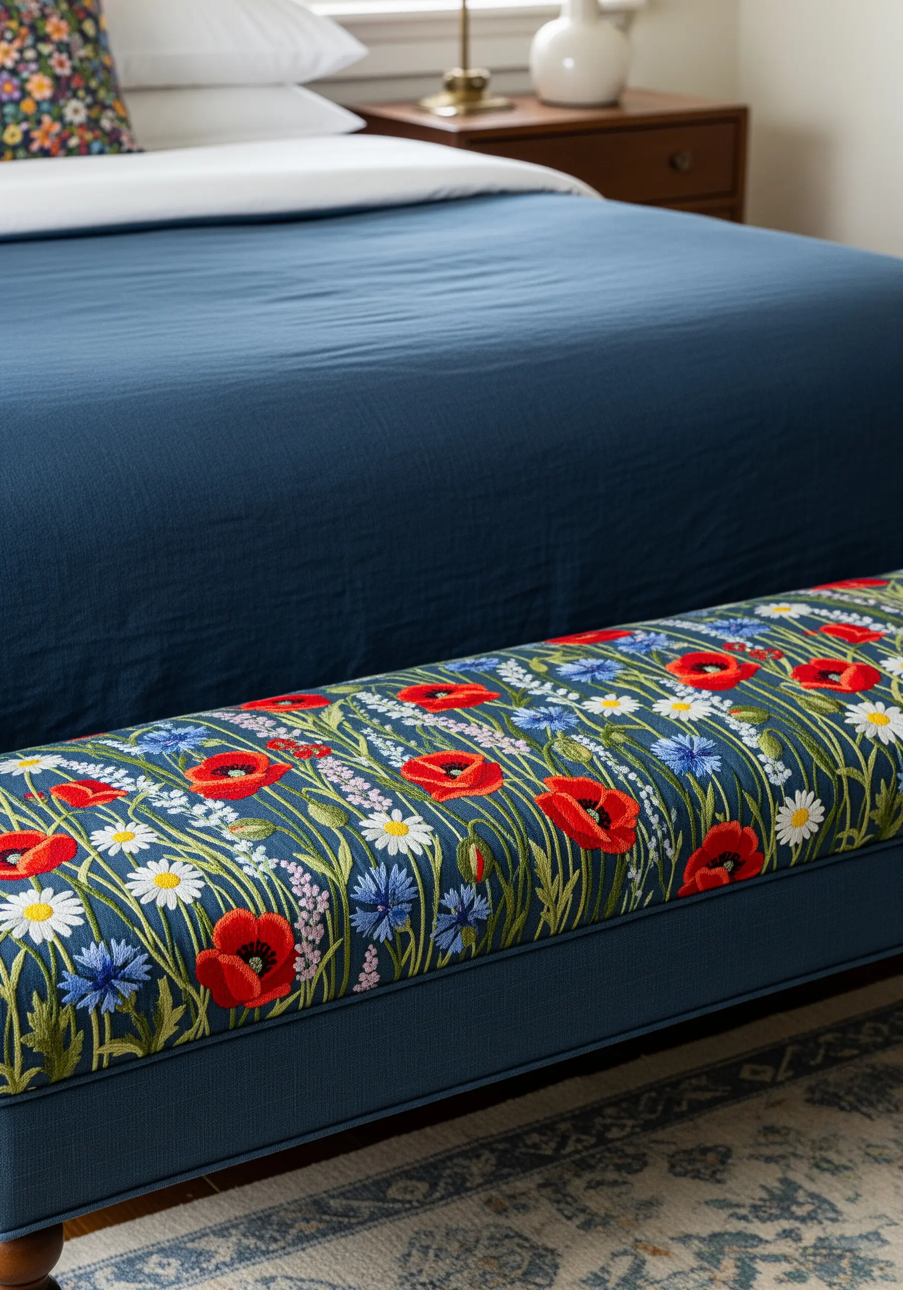 A densely embroidered bench seat covered in a vibrant meadow of red poppies and daisies.