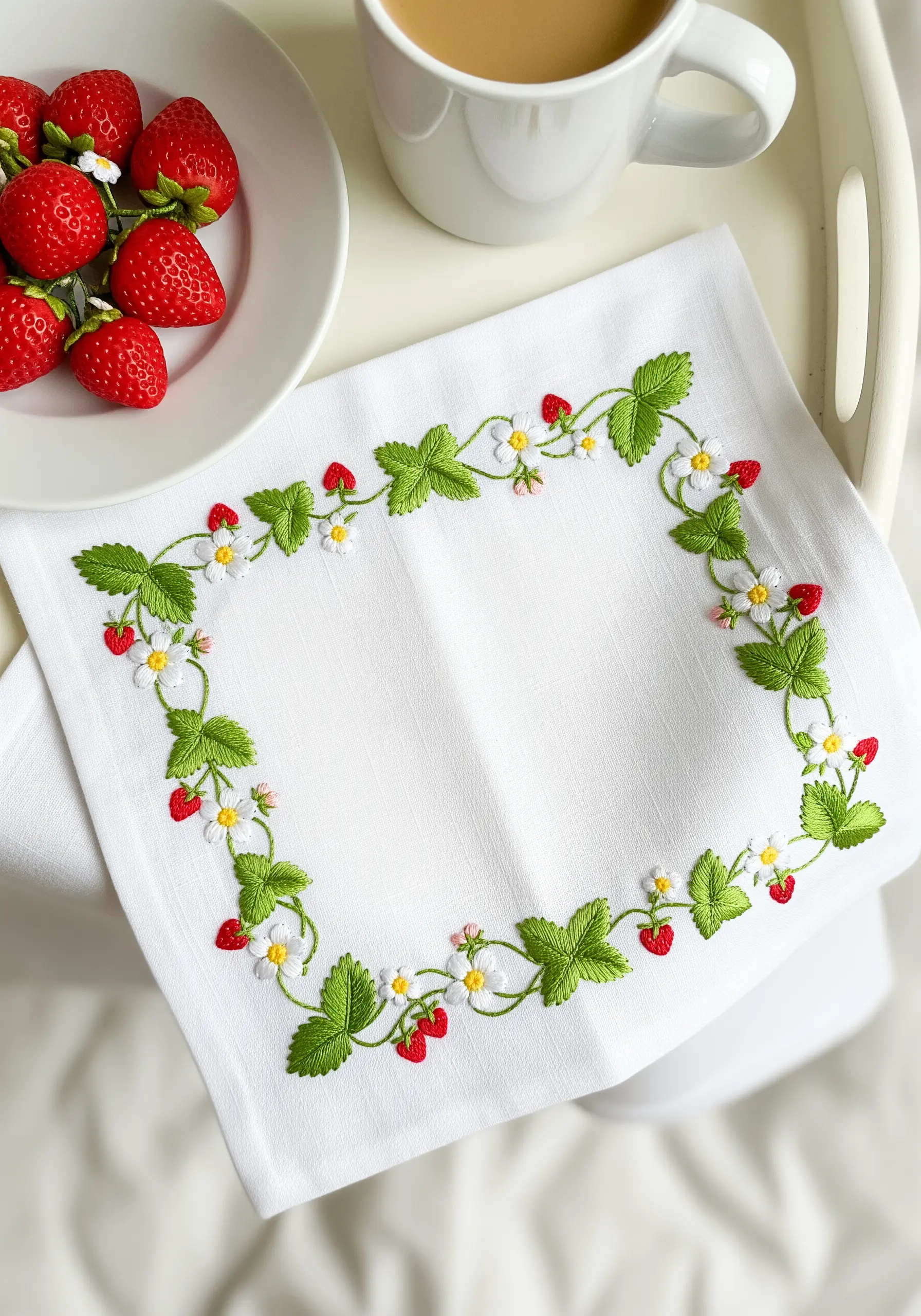 A delicate rectangular border of embroidered strawberries, leaves, and white flowers.