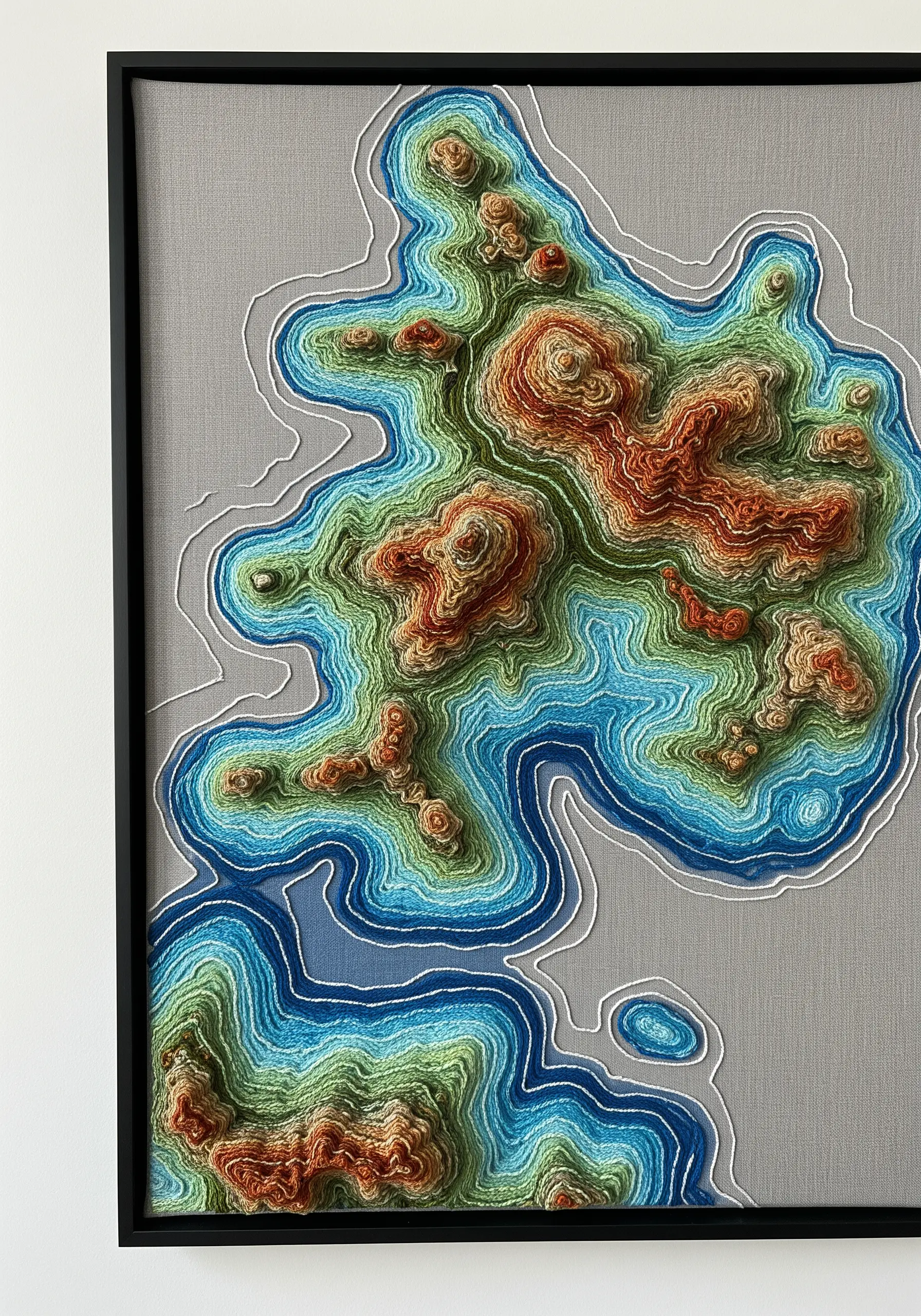 A framed embroidery piece showing a 3D topographical map with varied thread colors and textures.