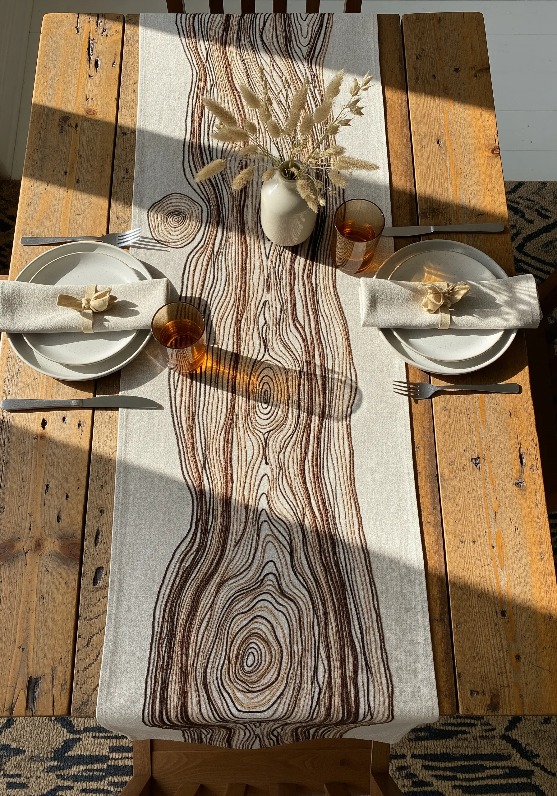 A long linen table runner embroidered with the swirling patterns of tree rings in brown thread.