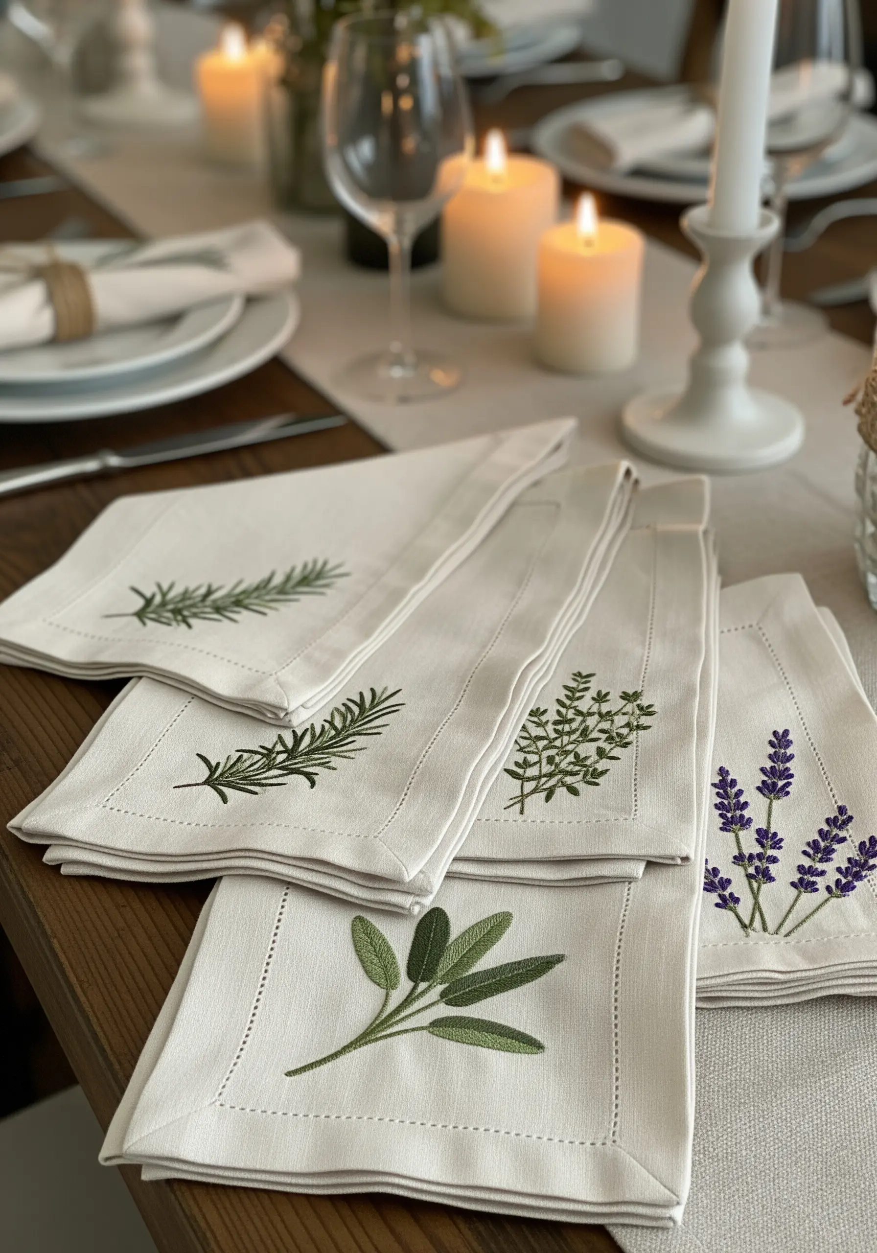 Set of linen napkins, each embroidered with a different herb: rosemary, sage, thyme, lavender.