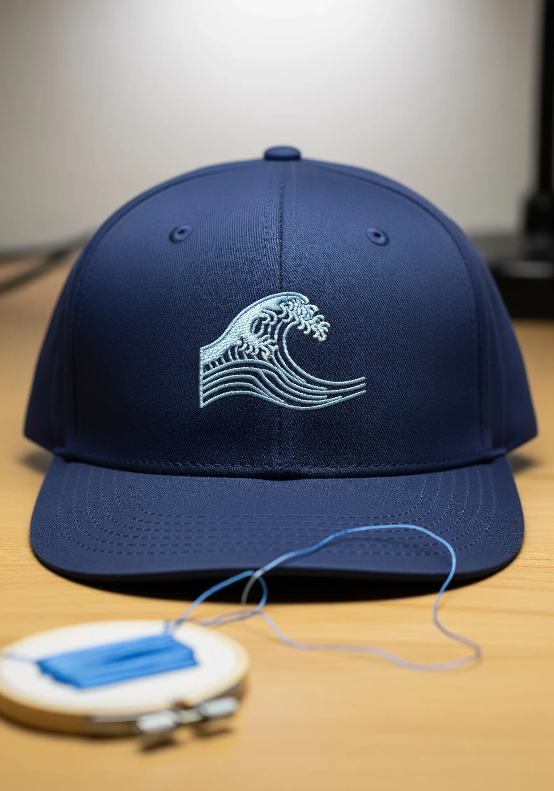 A stylized ocean wave embroidered in light blue on the front of a navy blue baseball cap.