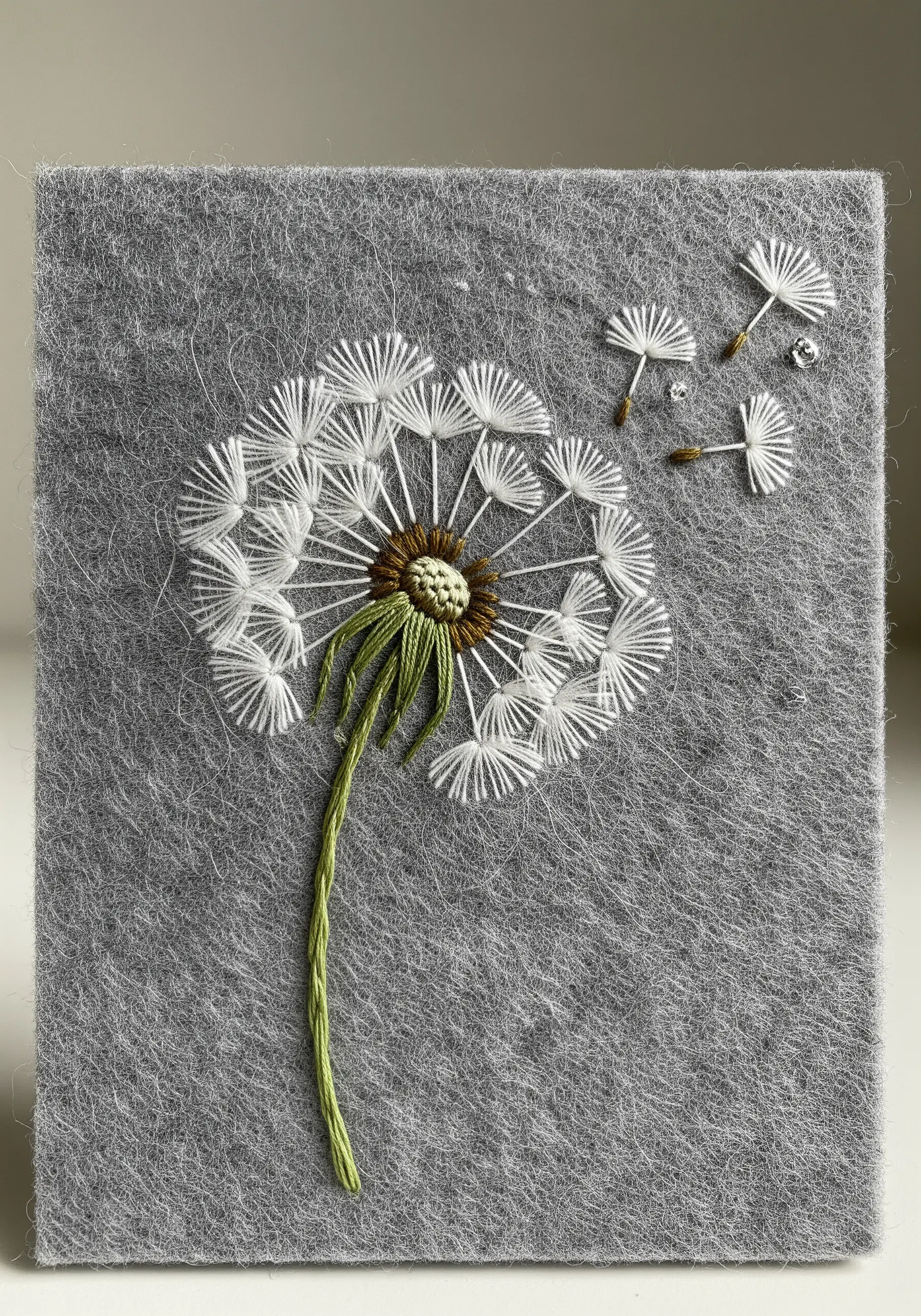 A white thread dandelion embroidered on a grey felt card, with its seeds blowing away.