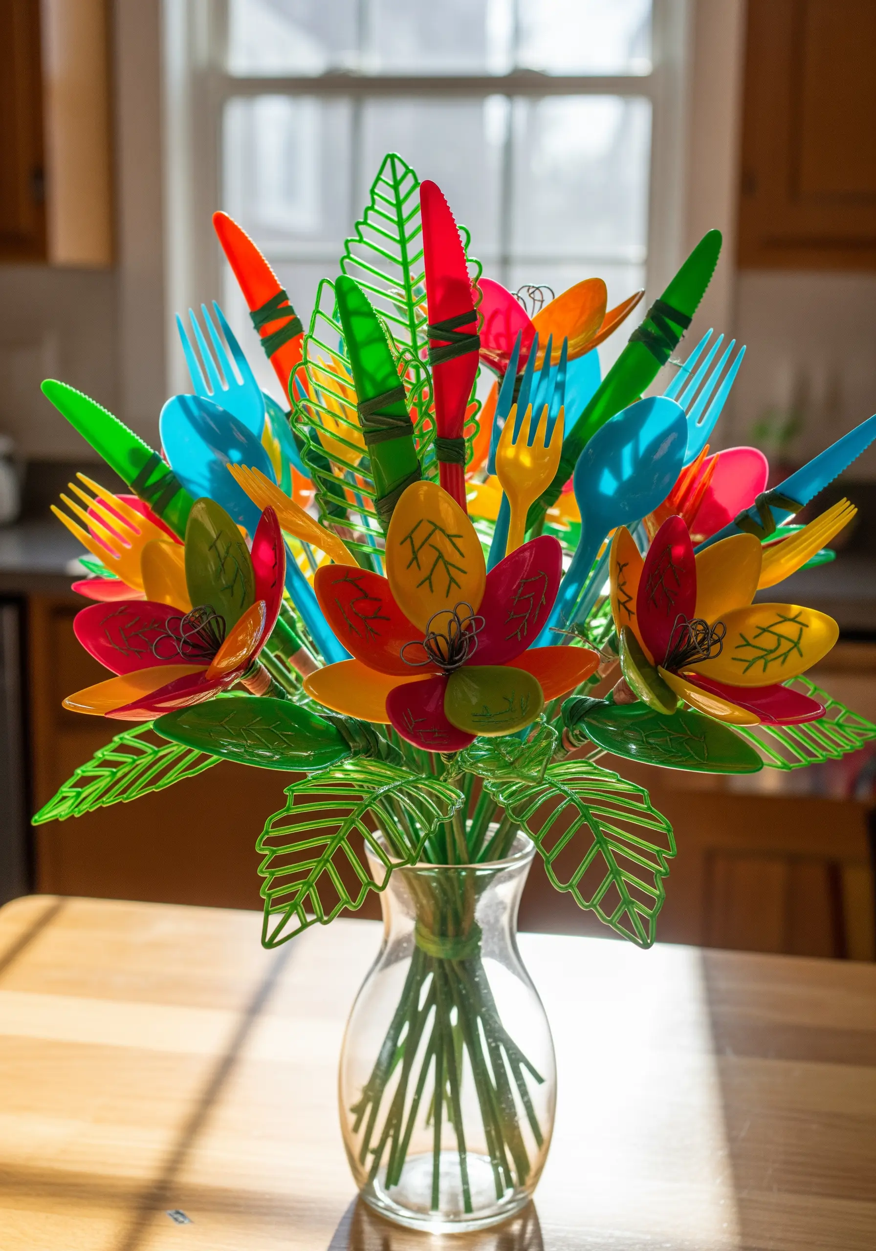A bouquet of flowers made from colorful plastic spoons, forks, and knives with embroidered details.