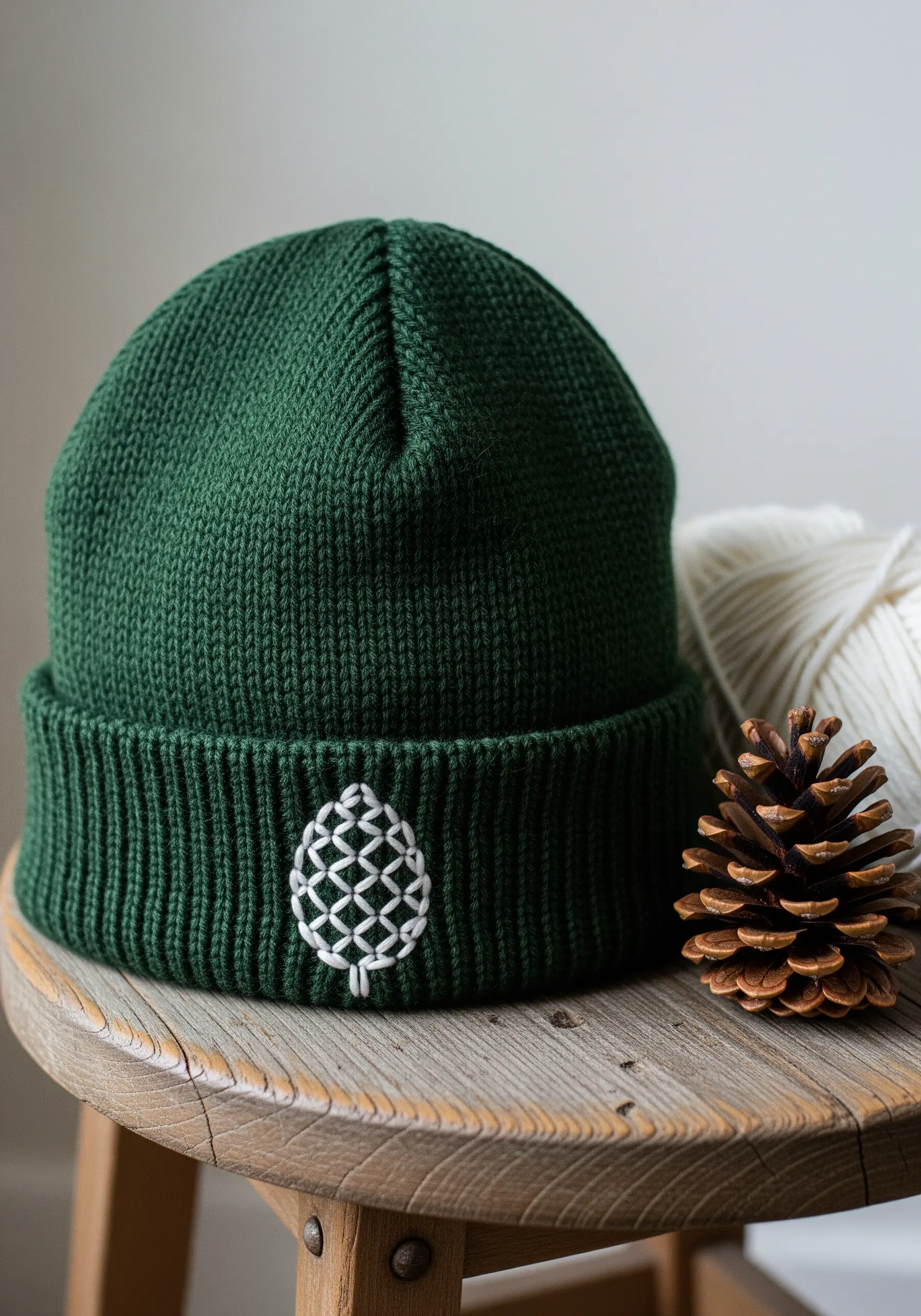 A white outline of a pinecone with a lattice pattern stitched on a green knit beanie.