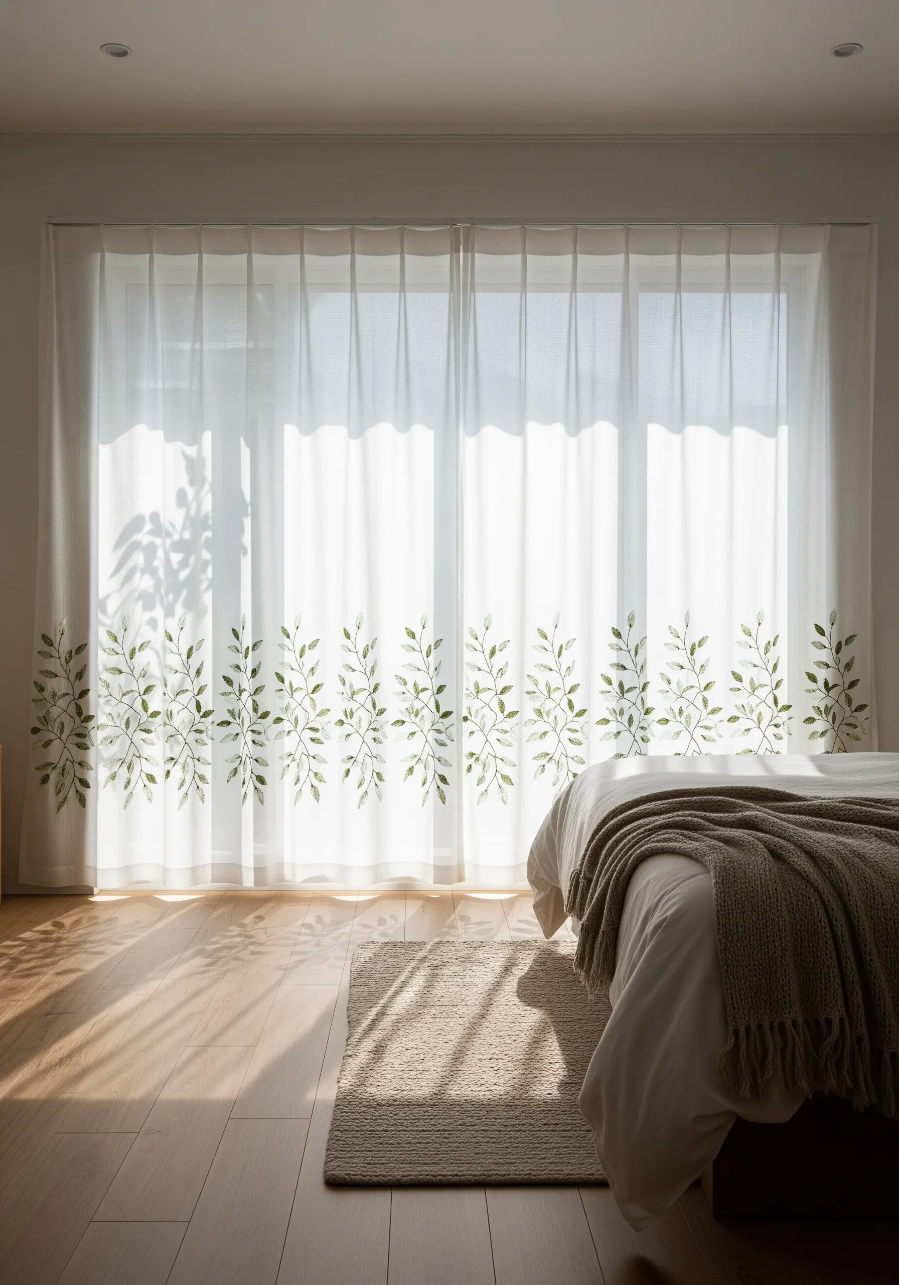 Embroidered green leaf vines along the bottom of sheer white bedroom curtains.