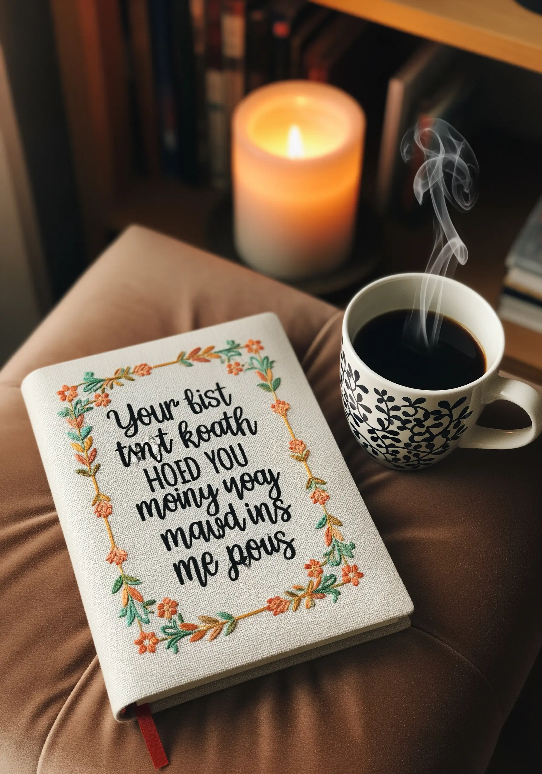 A cloth-bound journal with an embroidered quote and a decorative floral border.