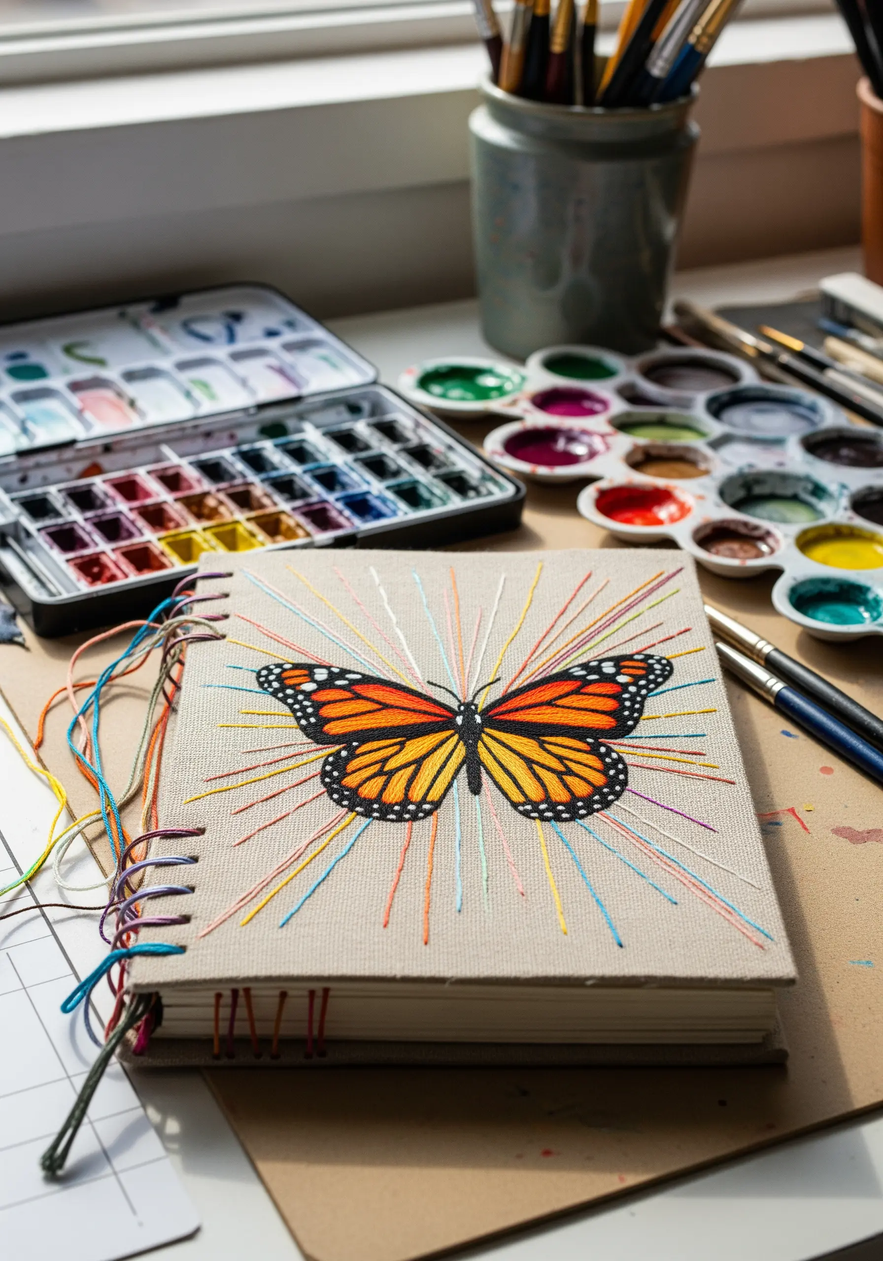 A canvas notebook with an embroidered butterfly and radiating colorful threads.