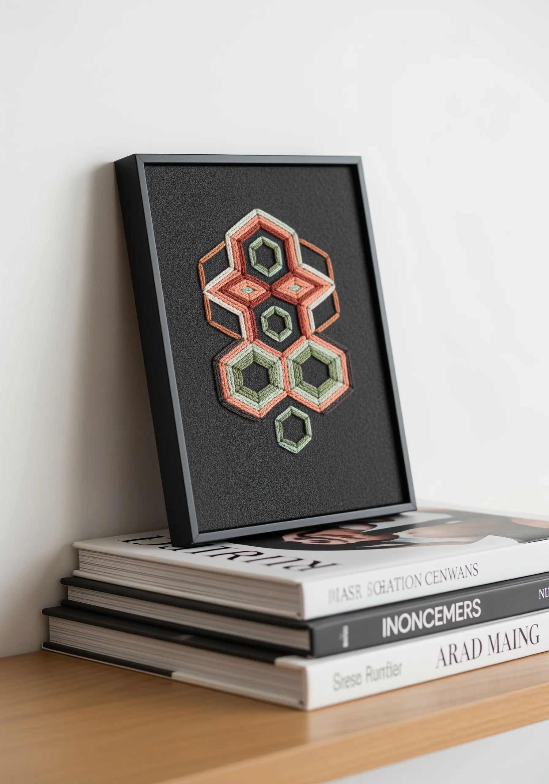 Framed geometric embroidery with colorful yarn on a black paper background.