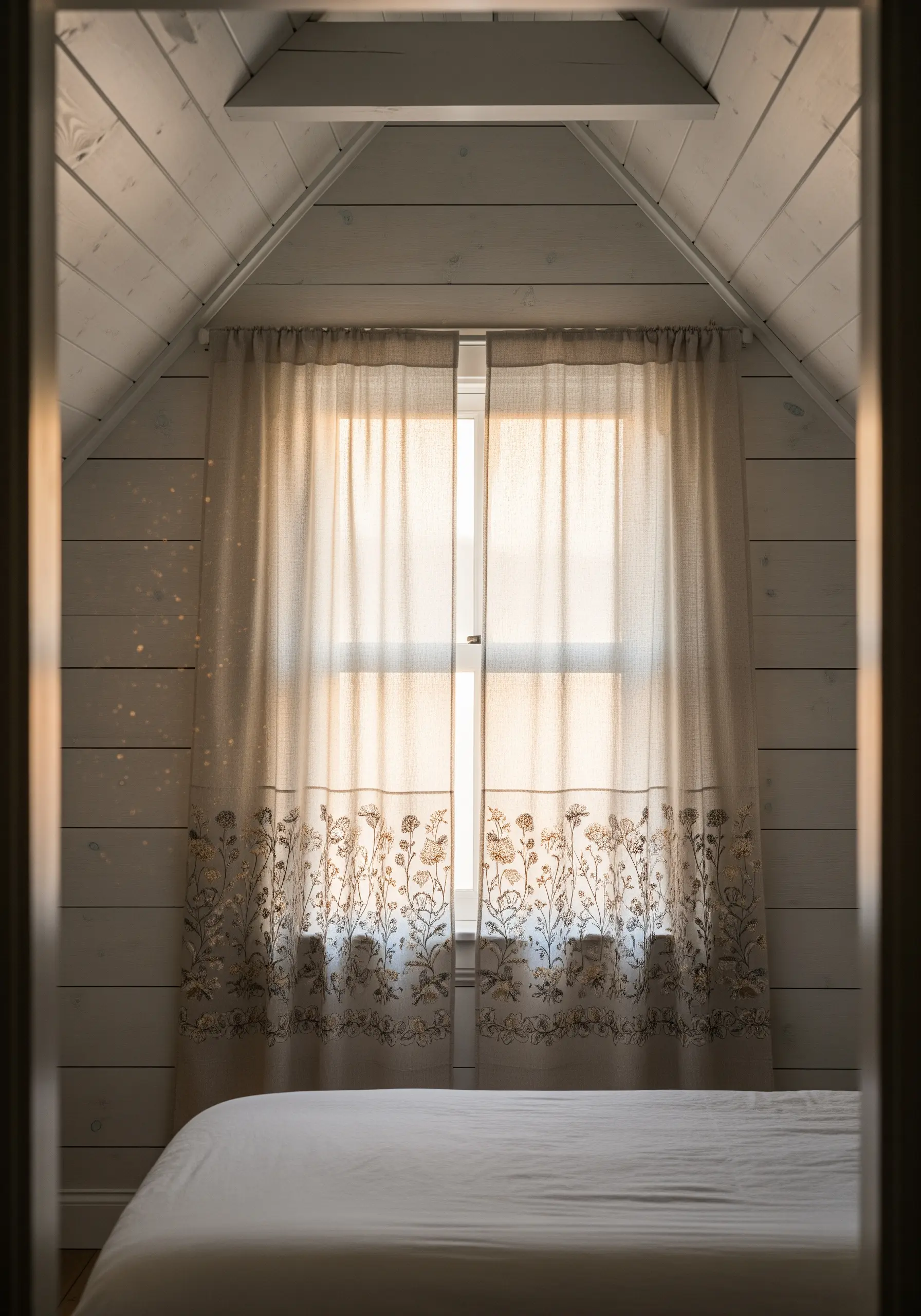 Delicate floral embroidery along the bottom of sheer beige curtains in a sunlit bedroom.
