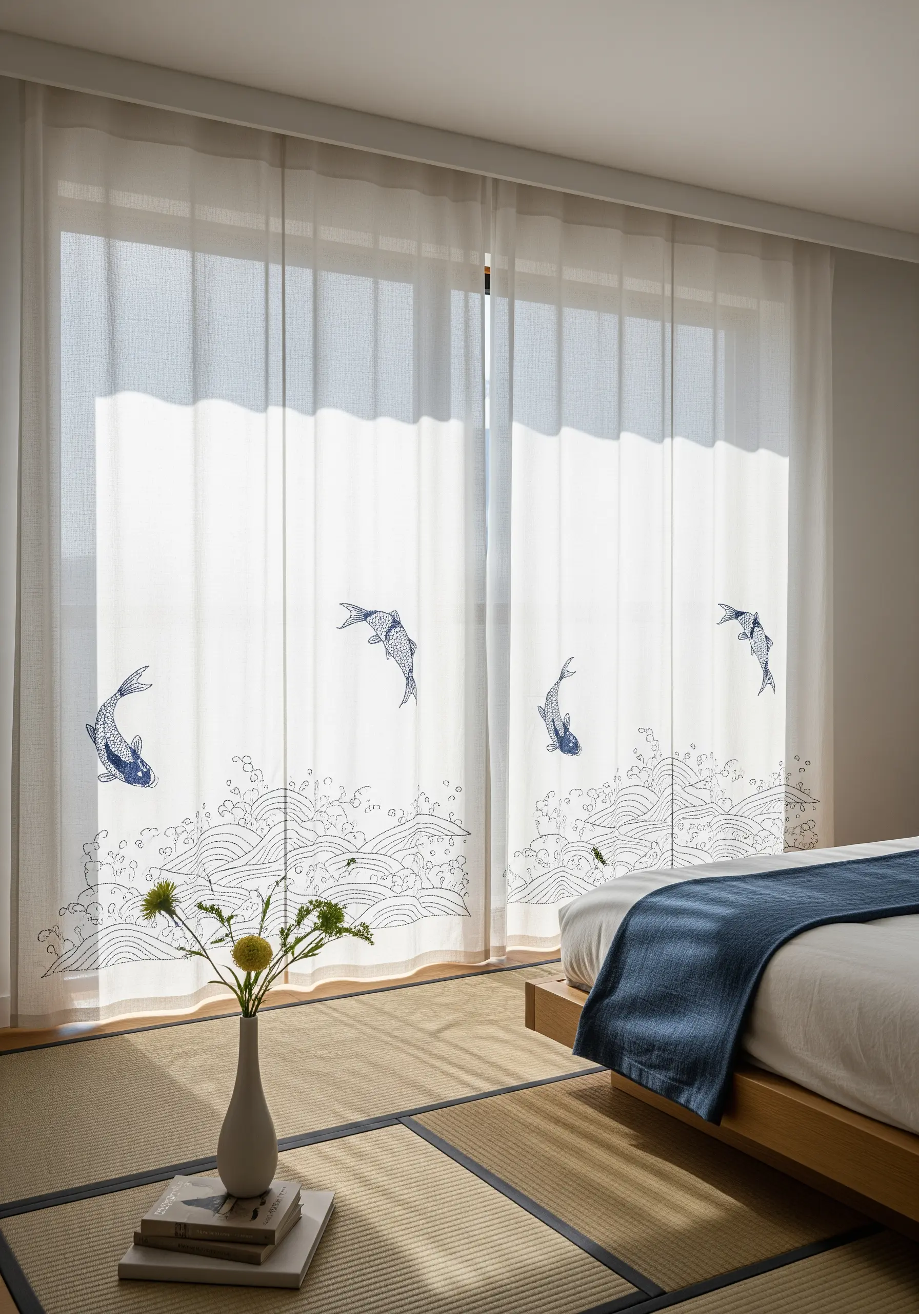 Sheer white curtains with delicate blue embroidery of koi fish and stylized waves.