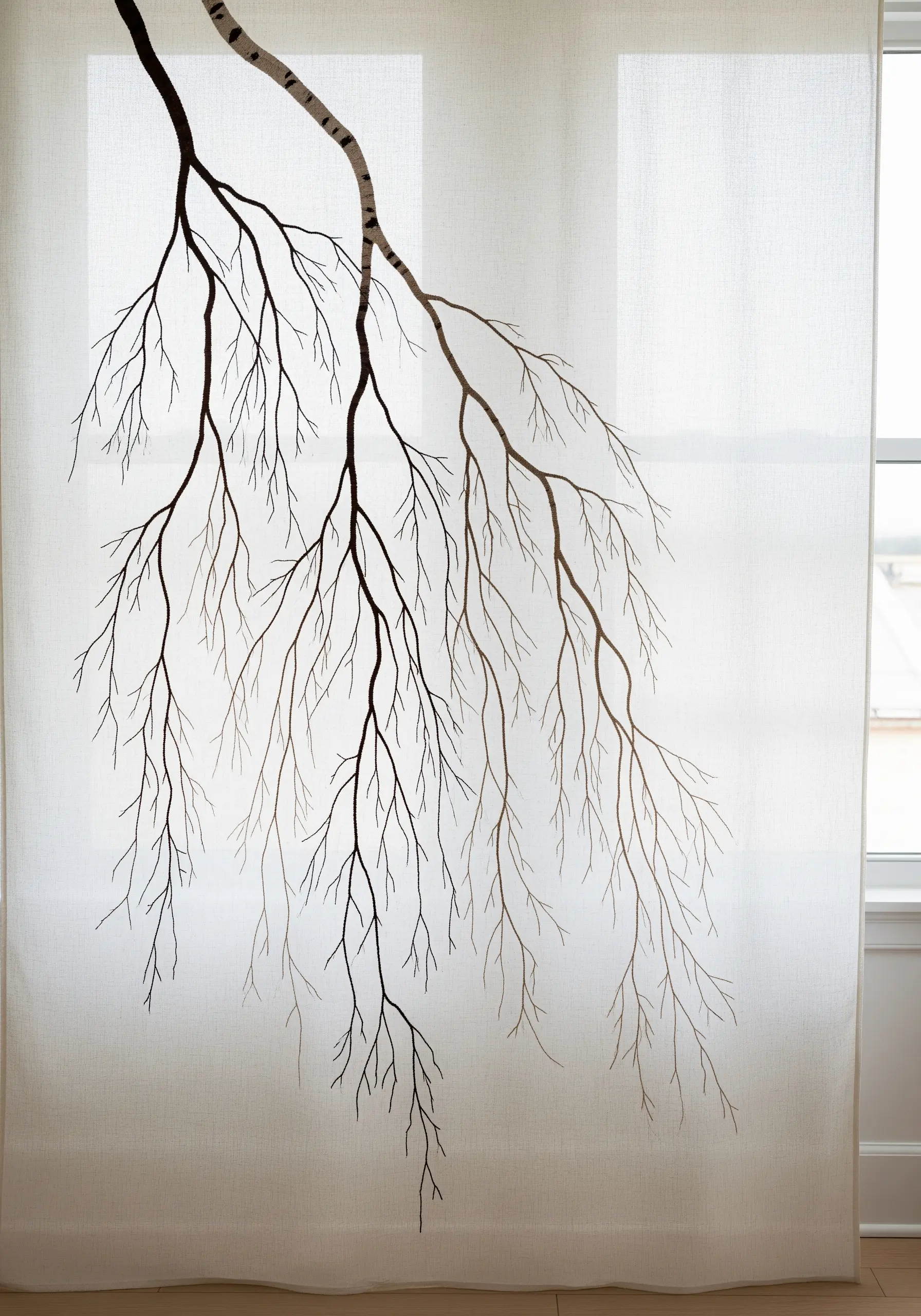 A minimalist embroidered branch silhouette on a sheer, light-filtering curtain panel.