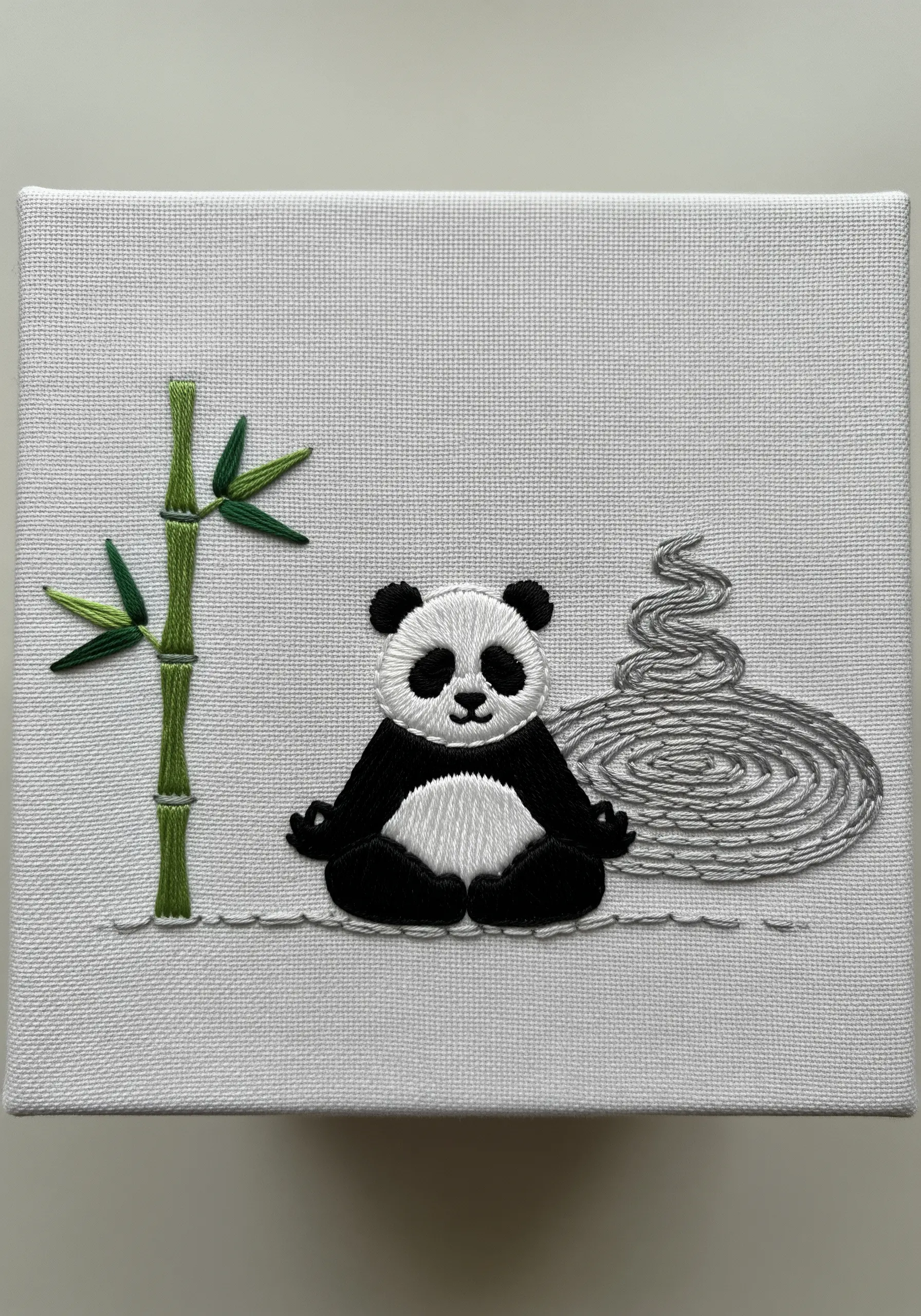 A meditating panda embroidered on a square white canvas with a couched thread swirl.