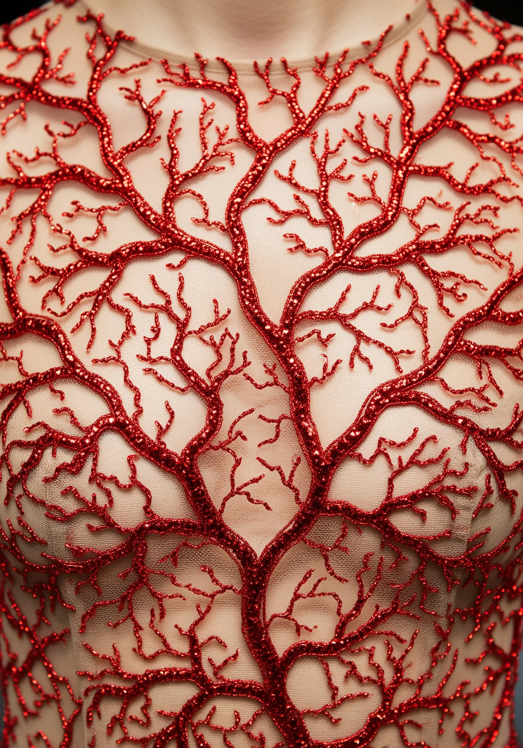 Intricate red glitter embroidery of branching veins on a sheer tulle fabric worn on a chest.