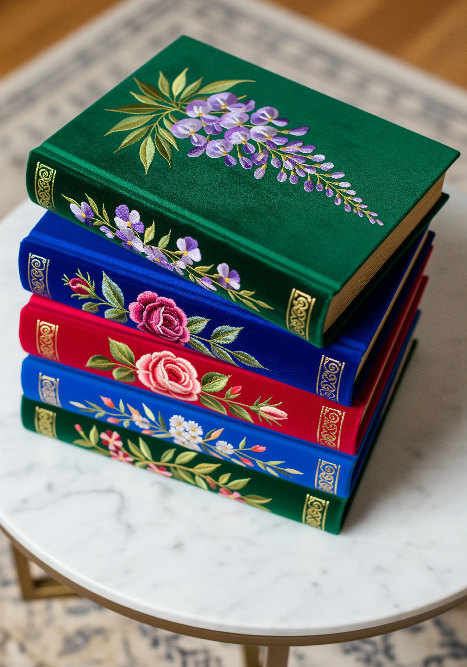A stack of five books bound in jewel-toned velvet, each embroidered with elegant floral designs.