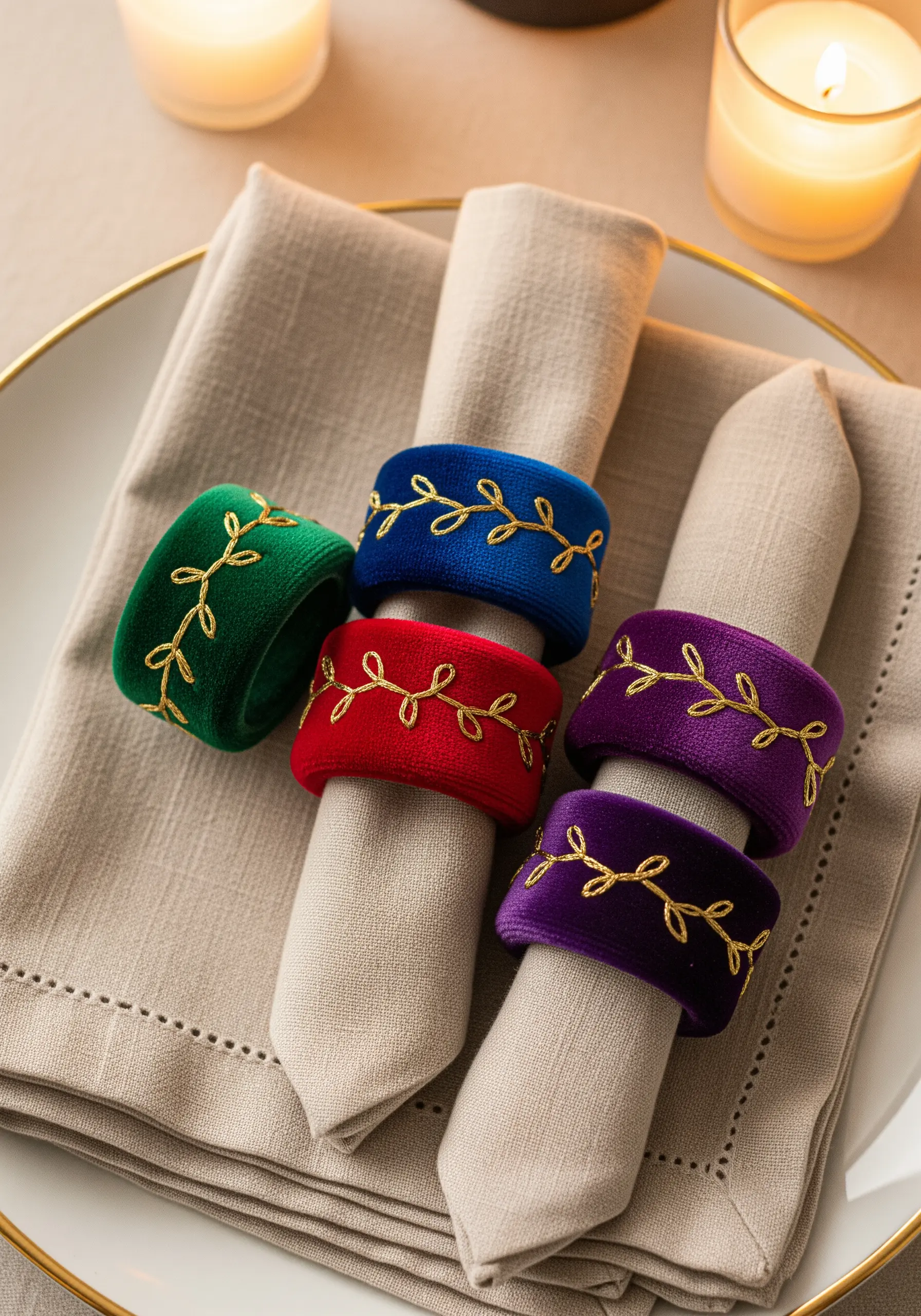 Four jewel-toned velvet napkin rings, each embroidered with a simple gold metallic vine pattern.