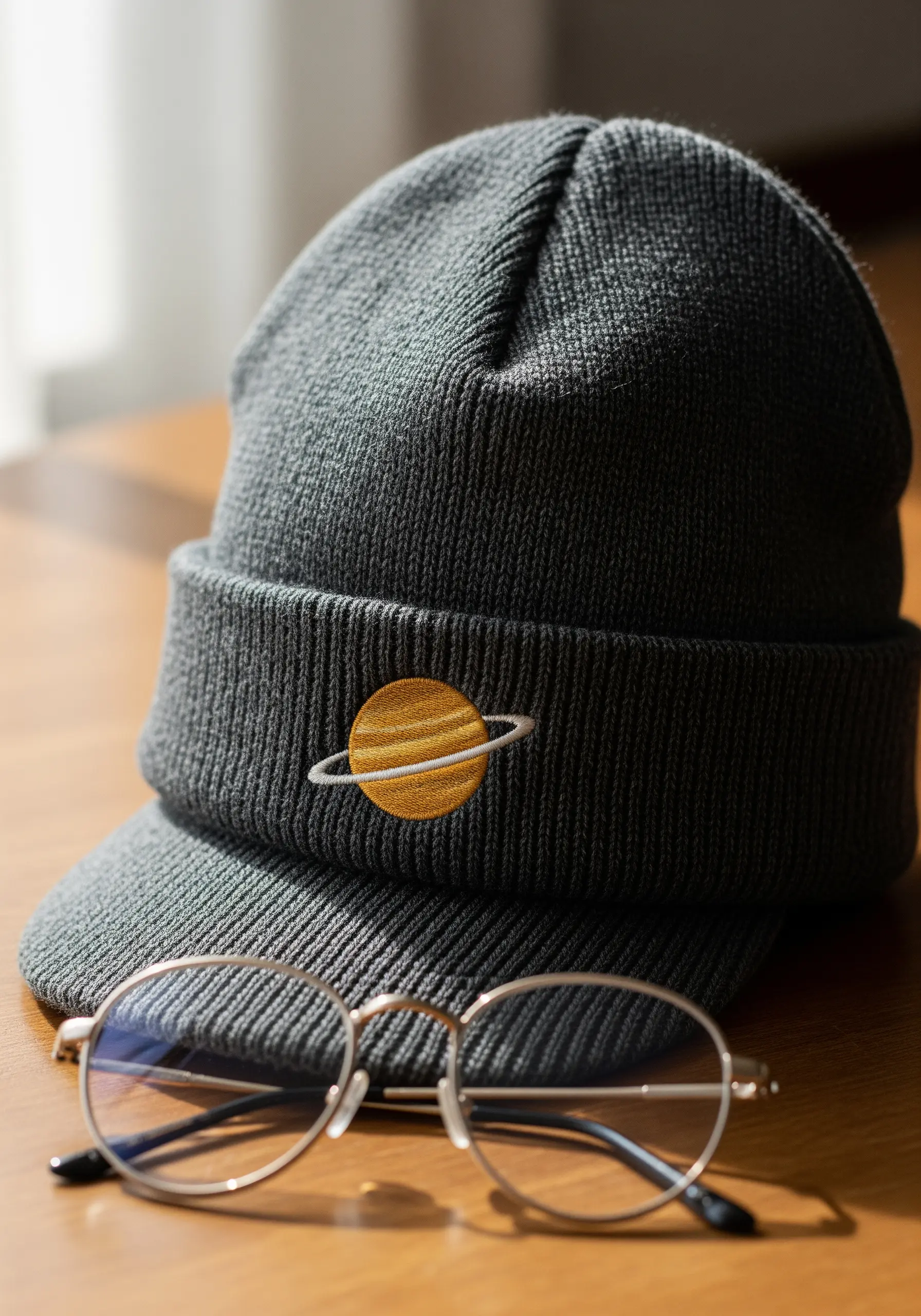 A small embroidered planet with rings on the cuff of a dark gray ribbed beanie.