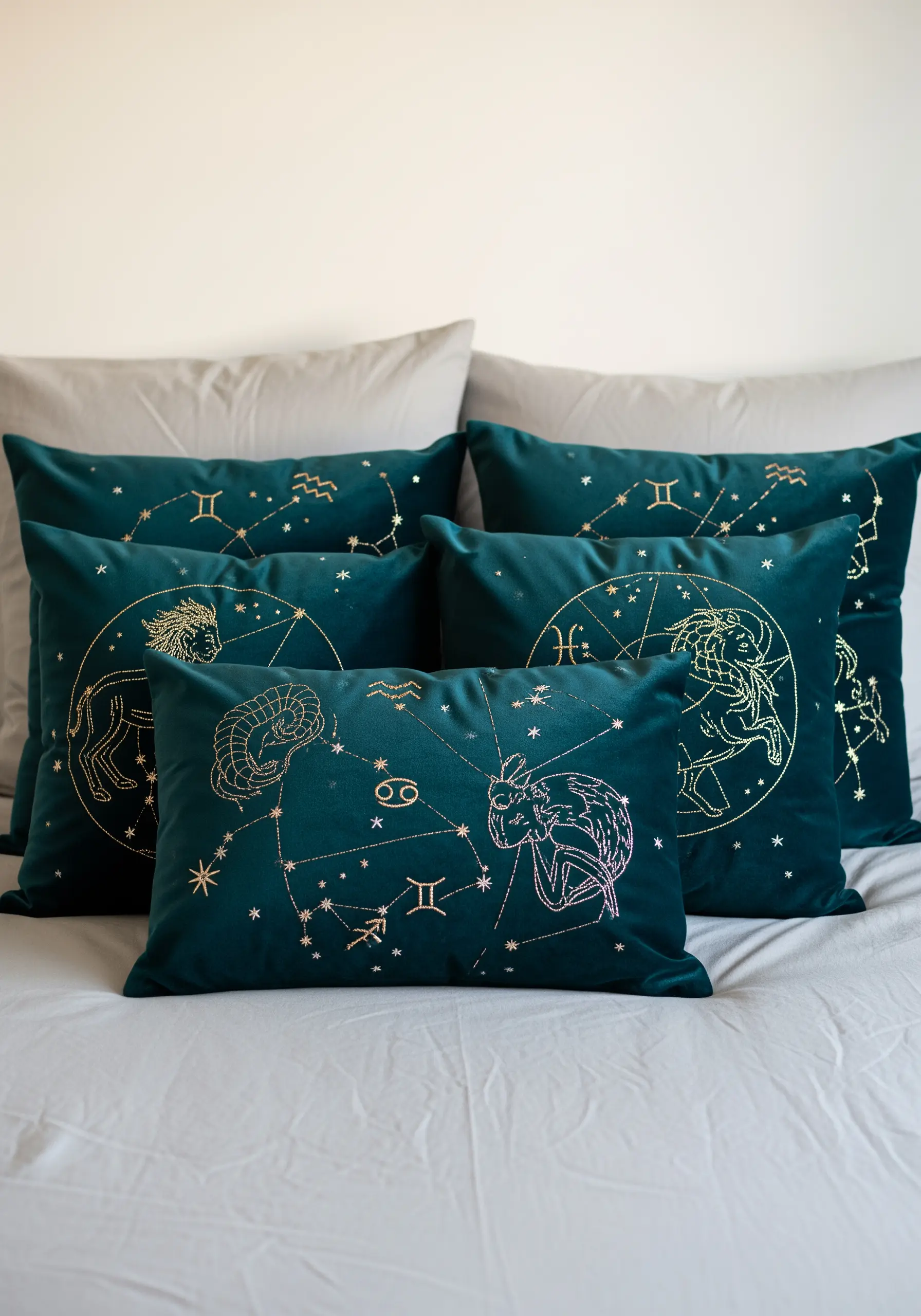 A collection of deep teal velvet pillows embroidered with gold and silver zodiac constellations.