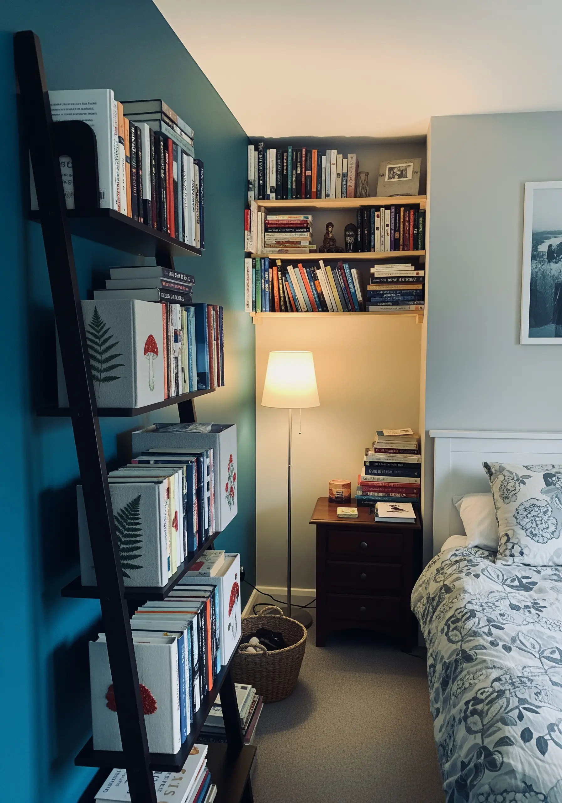 Fabric storage boxes on a ladder shelf, embroidered with botanical fern and mushroom motifs.