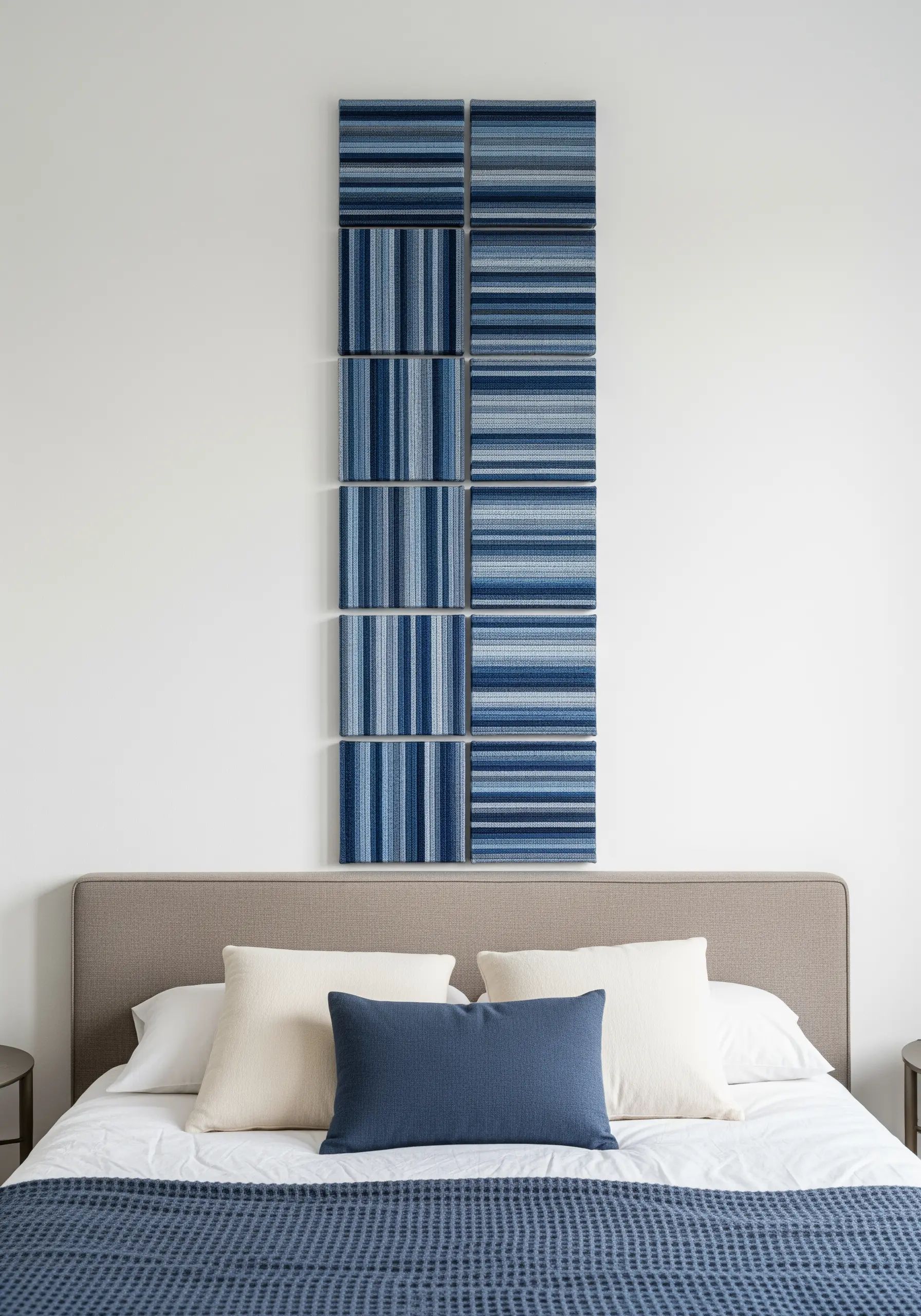 Vertical blue acoustic felt panels with stitched stripe details