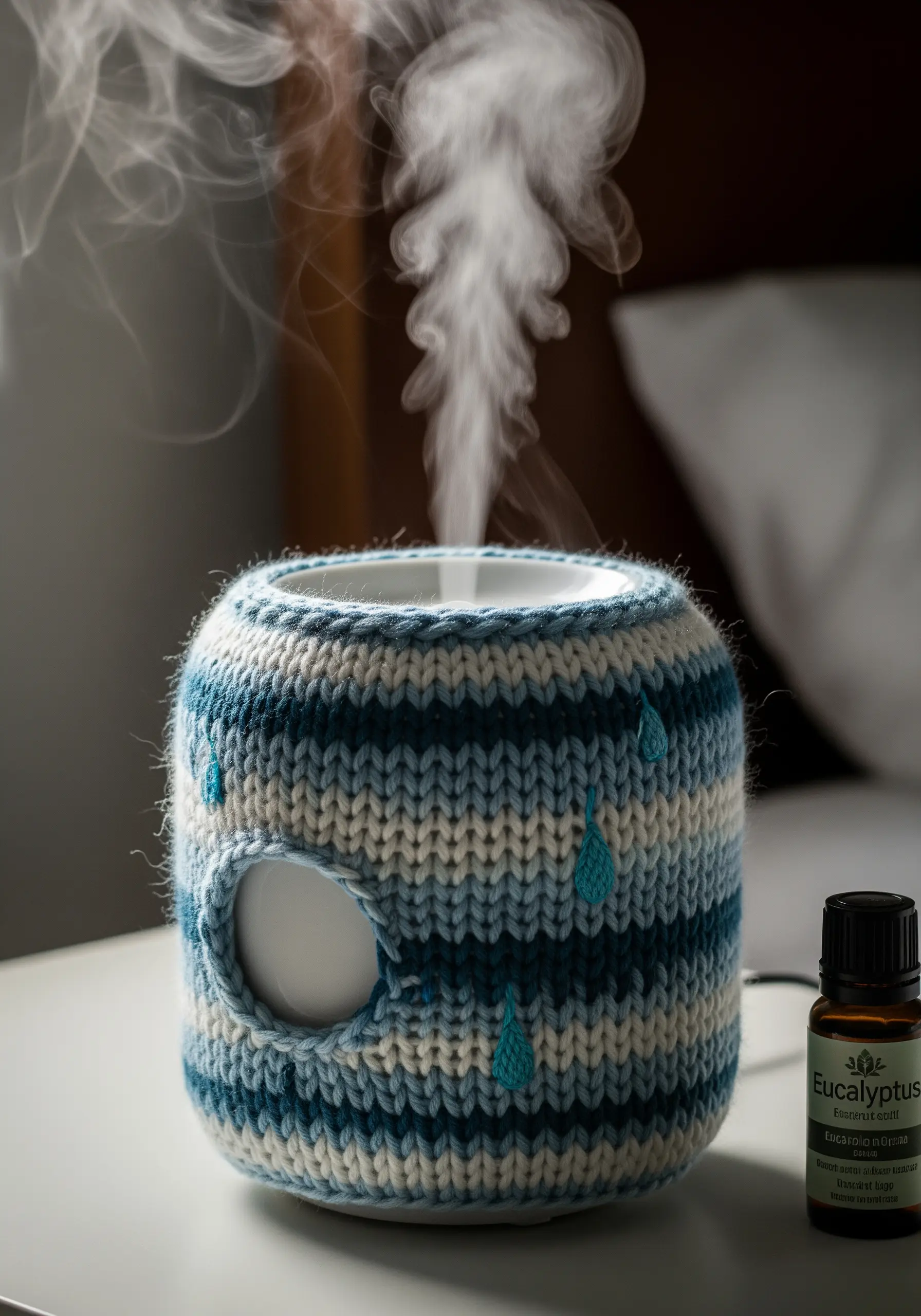 A knitted cozy for an aromatherapy diffuser with blue stripes and tiny embroidered raindrops.