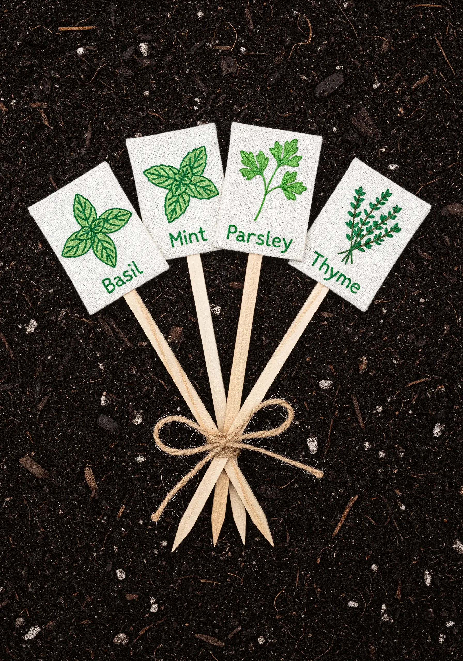 Four embroidered herb garden markers for Basil, Mint, Parsley, and Thyme, tied with twine.
