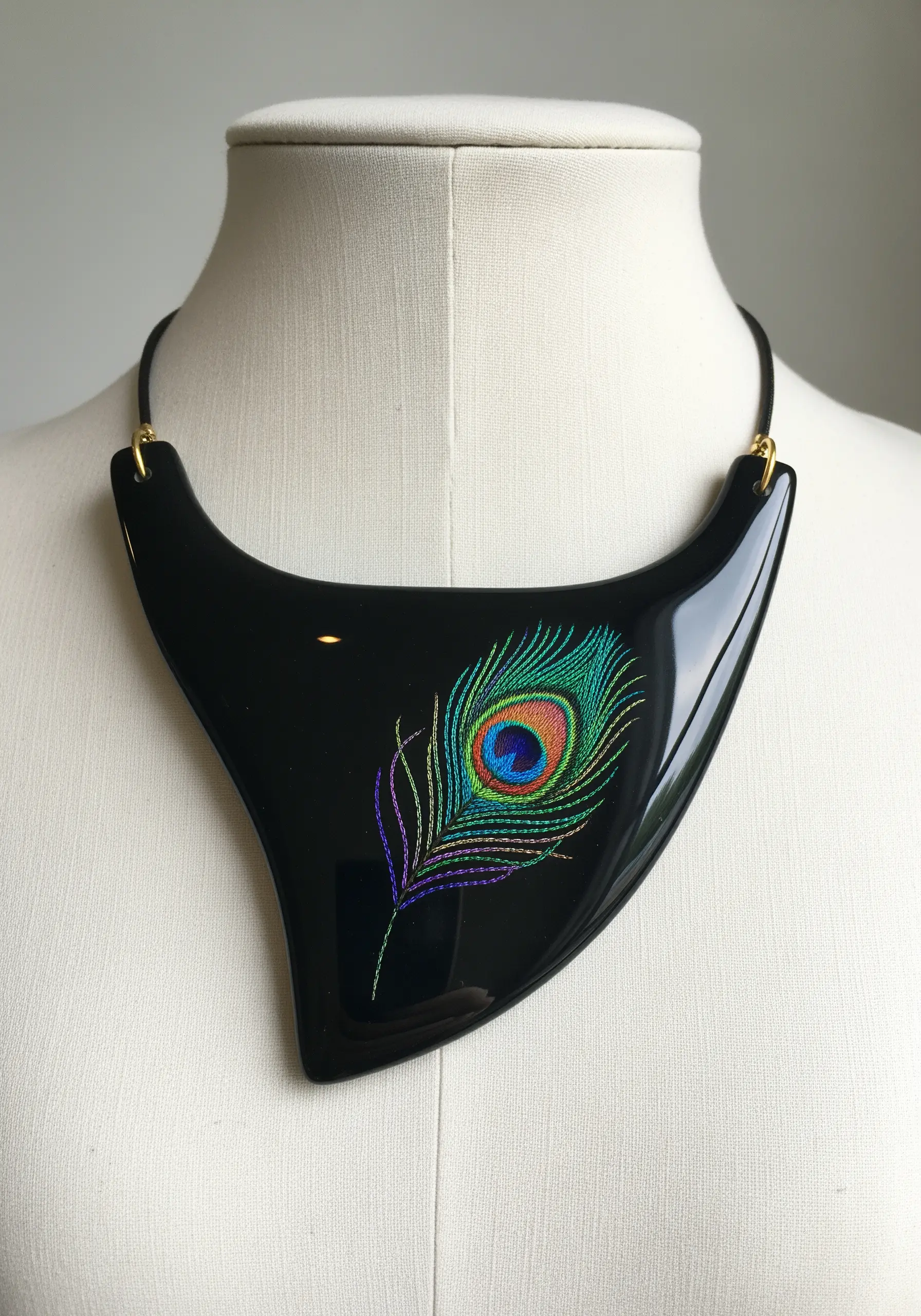 A black resin statement necklace with an intricately embroidered peacock feather inlay.