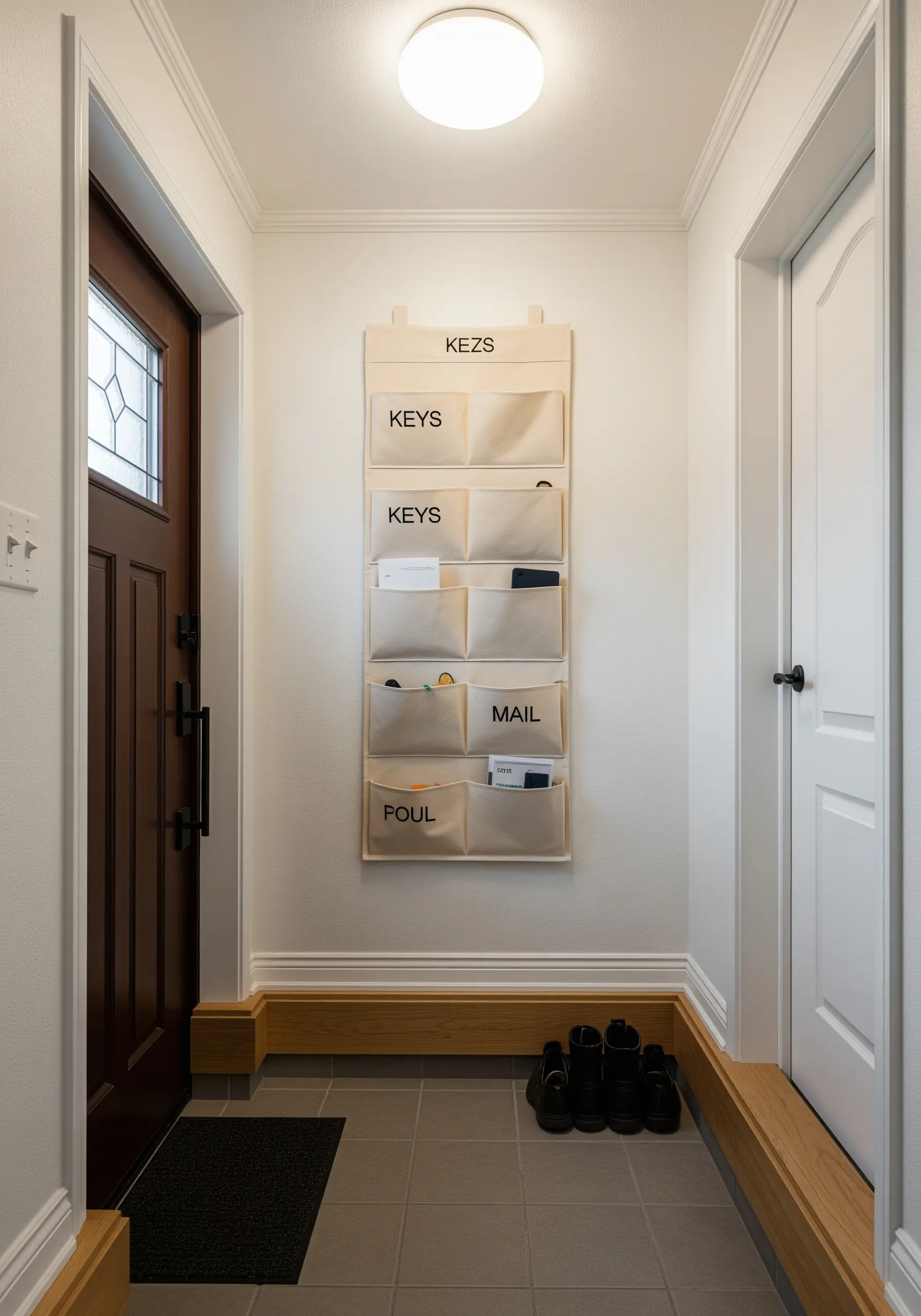 A canvas wall organizer with pockets labeled with simple, black embroidered text.