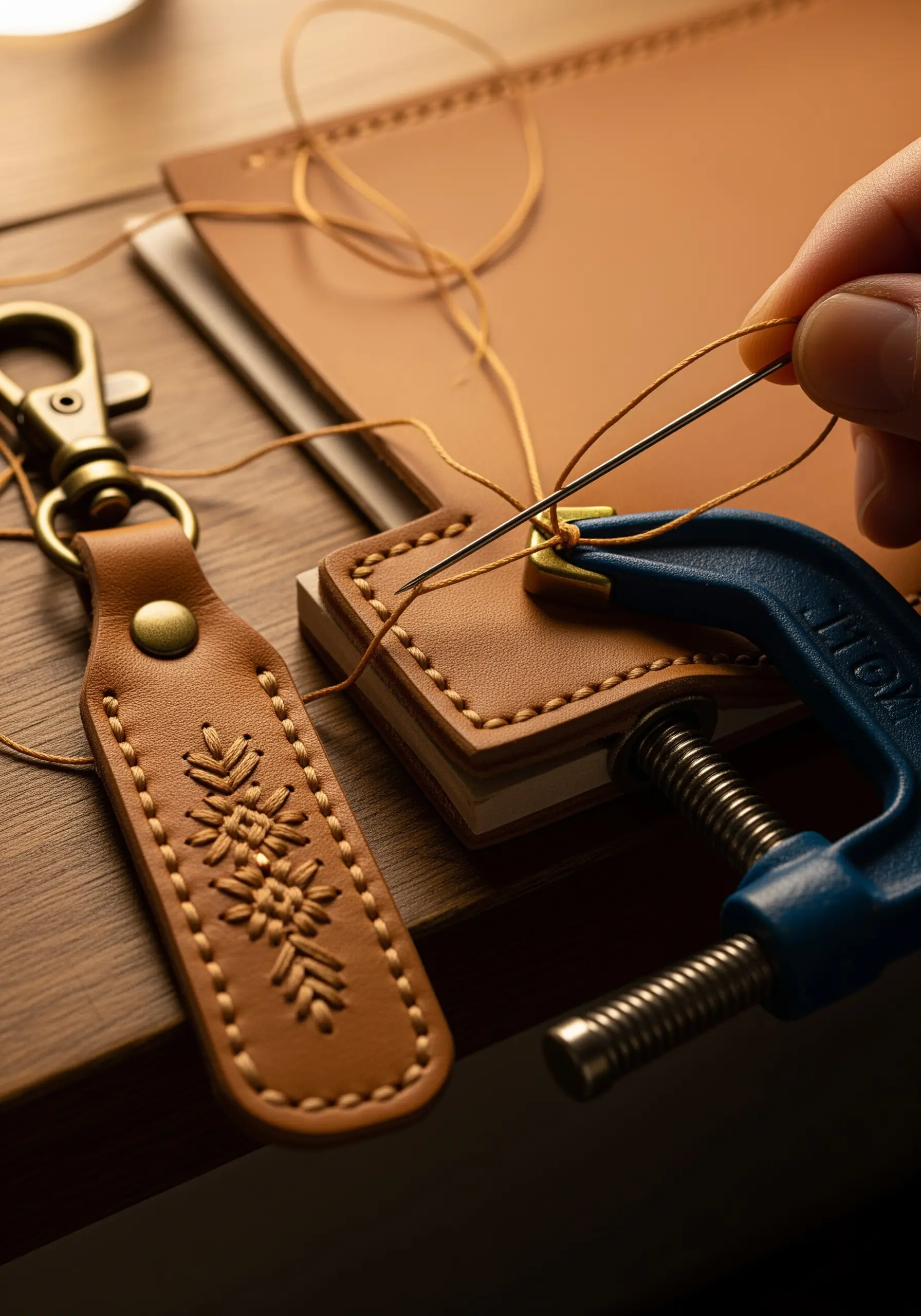 Hand-stitching a geometric snowflake pattern onto a small leather keychain tag.
