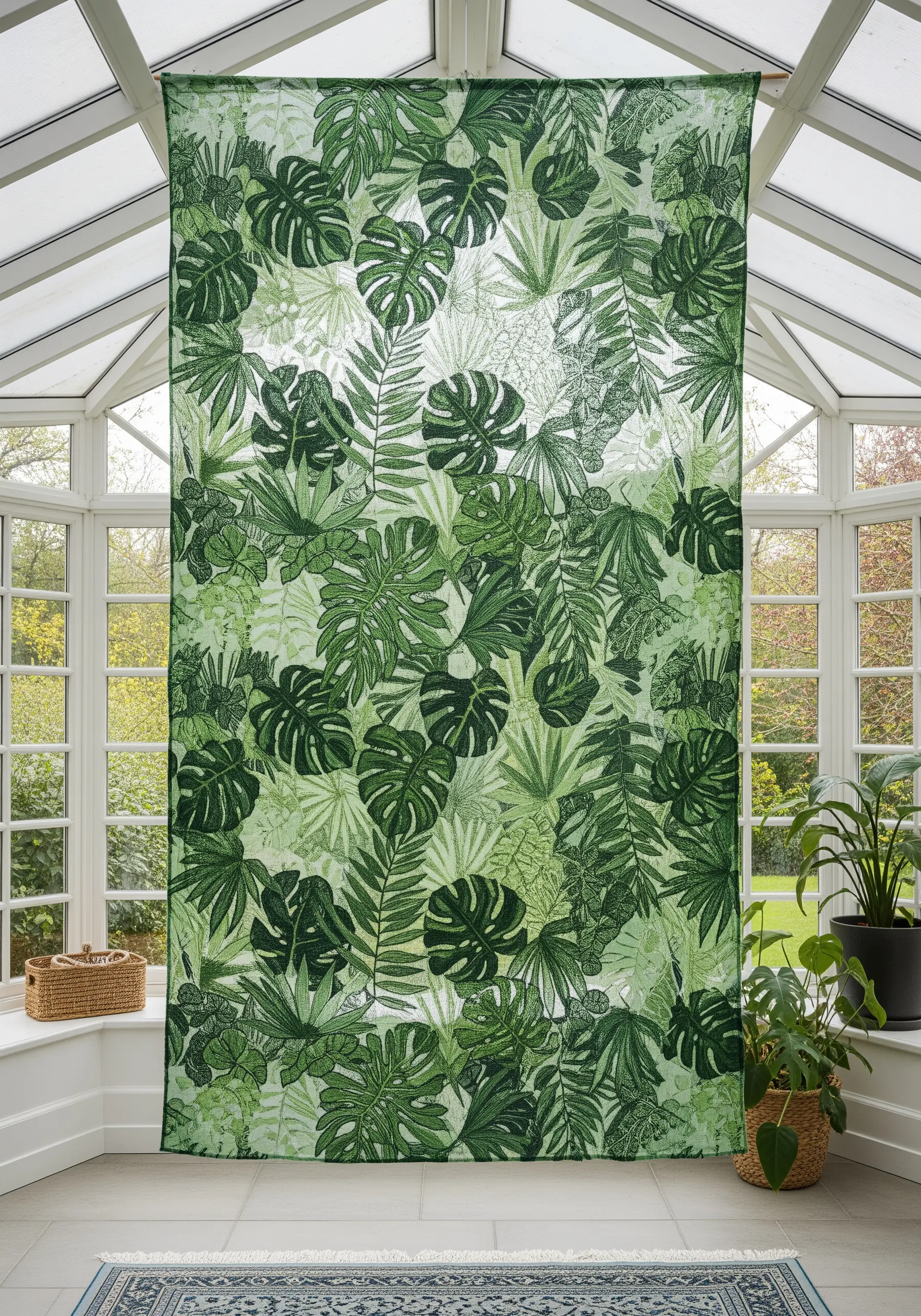 A large, sheer fabric panel embroidered with a dense pattern of green monstera leaves.