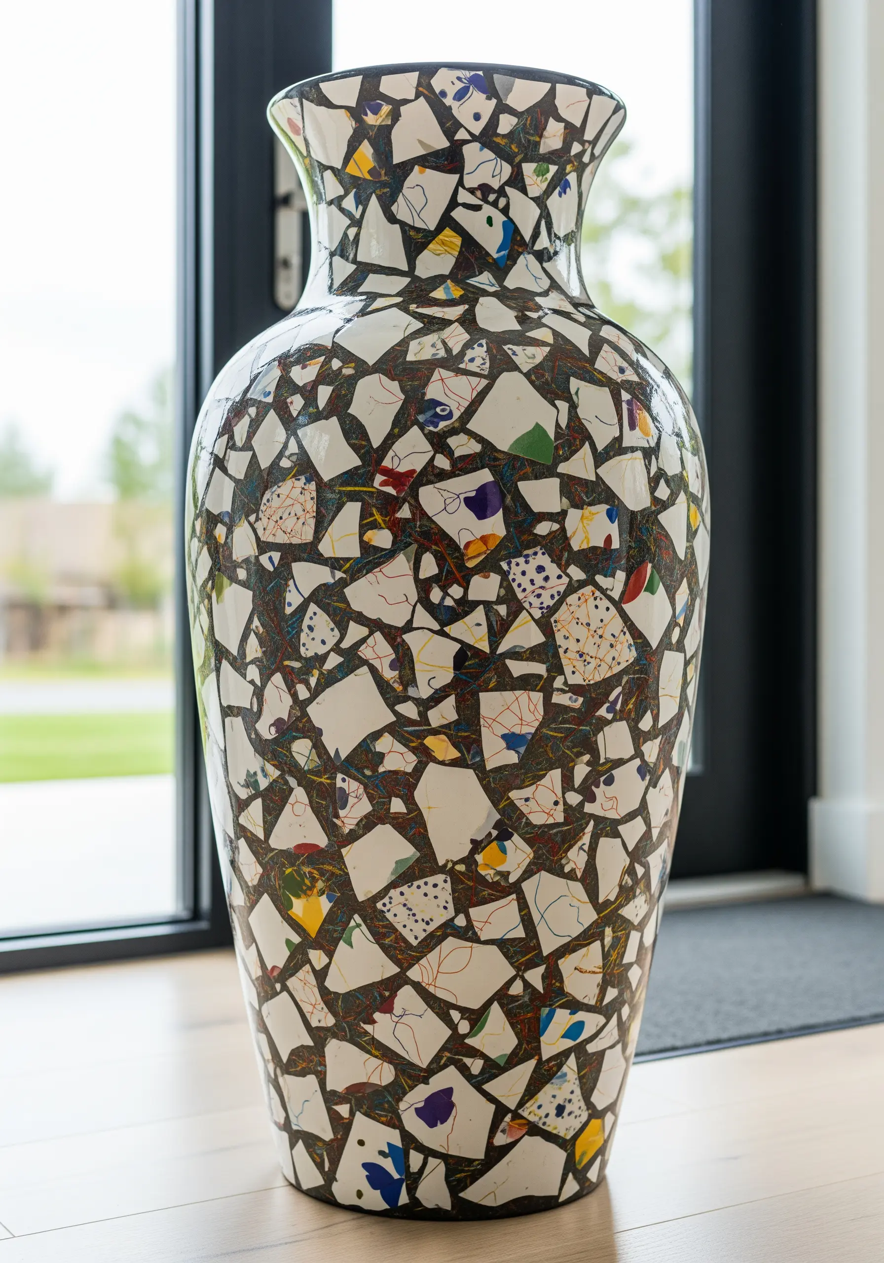 A vase covered in a mosaic of broken ceramics and embroidered fabric, sealed in resin.