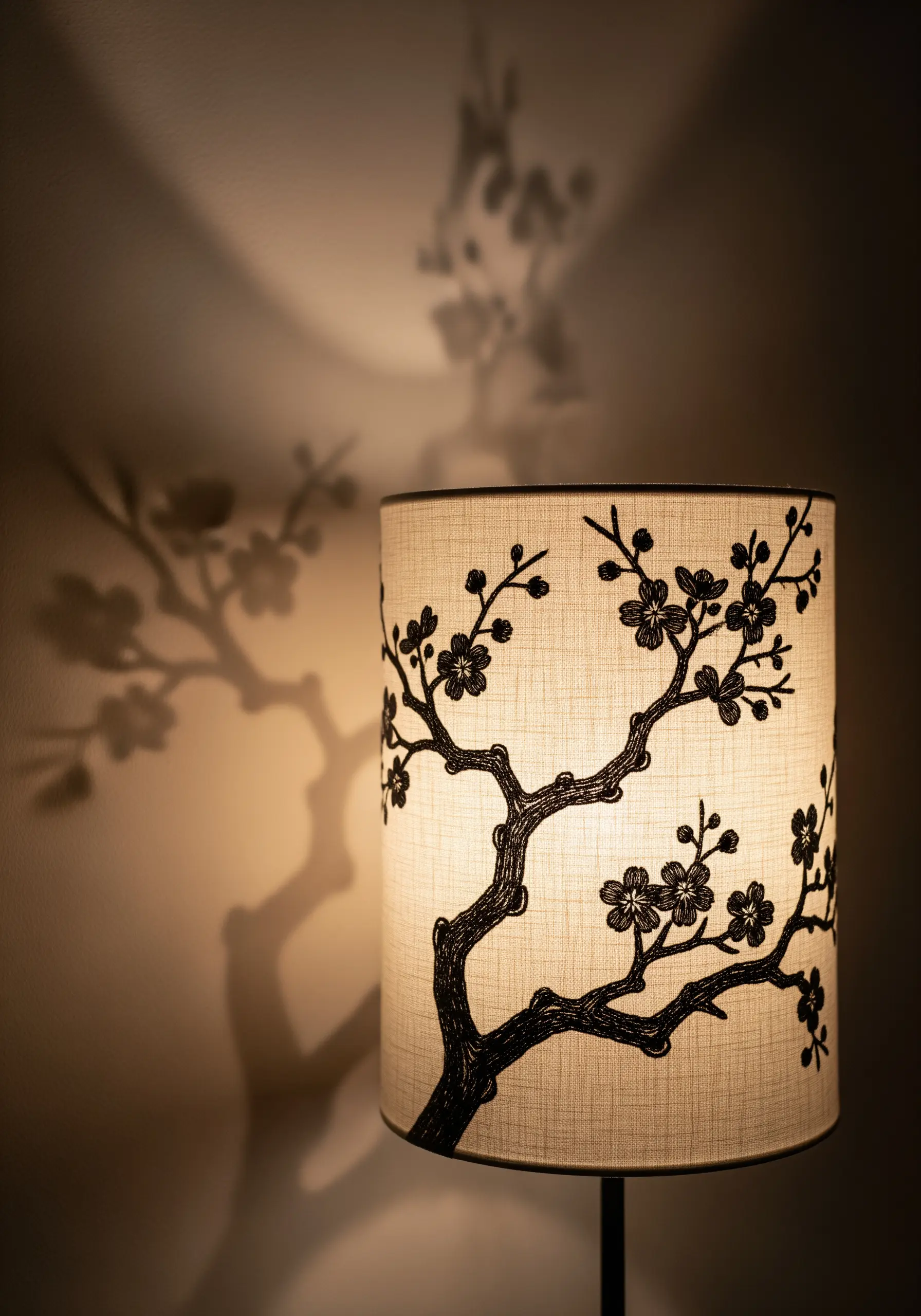 Black embroidered cherry blossom silhouette on a lampshade casting a shadow.