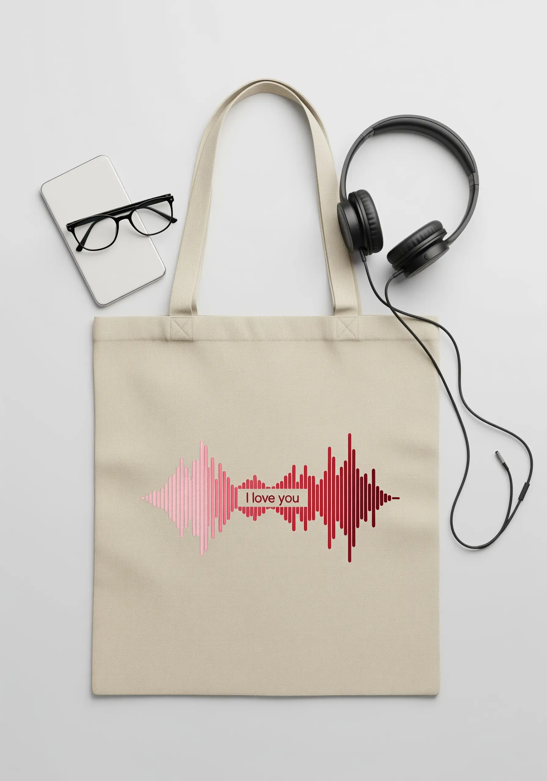 Embroidered soundwave of the words 'I love you' in a pink-to-red gradient on a canvas tote.