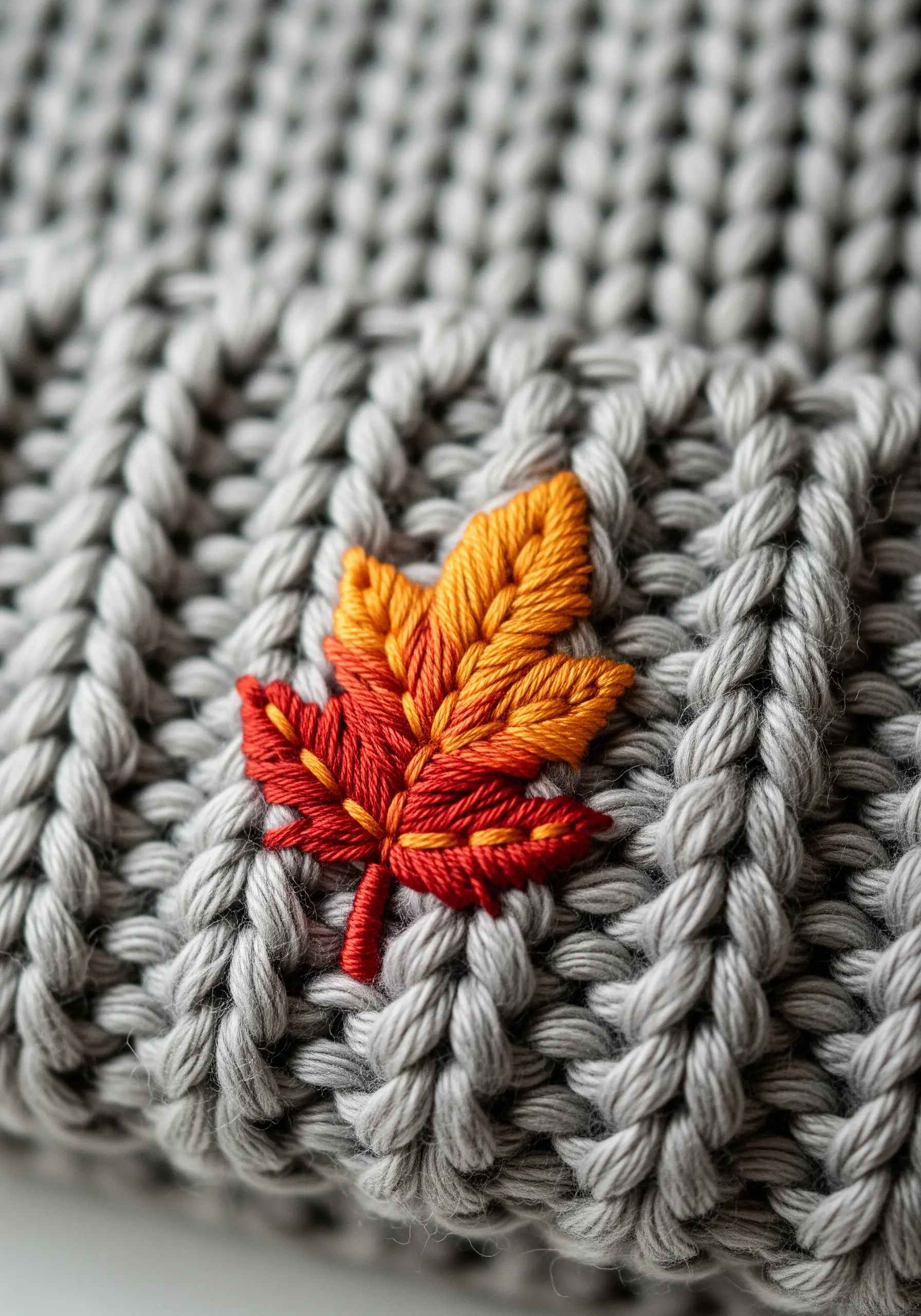 A detailed autumn leaf with a color gradient embroidered onto a chunky grey knit hat.