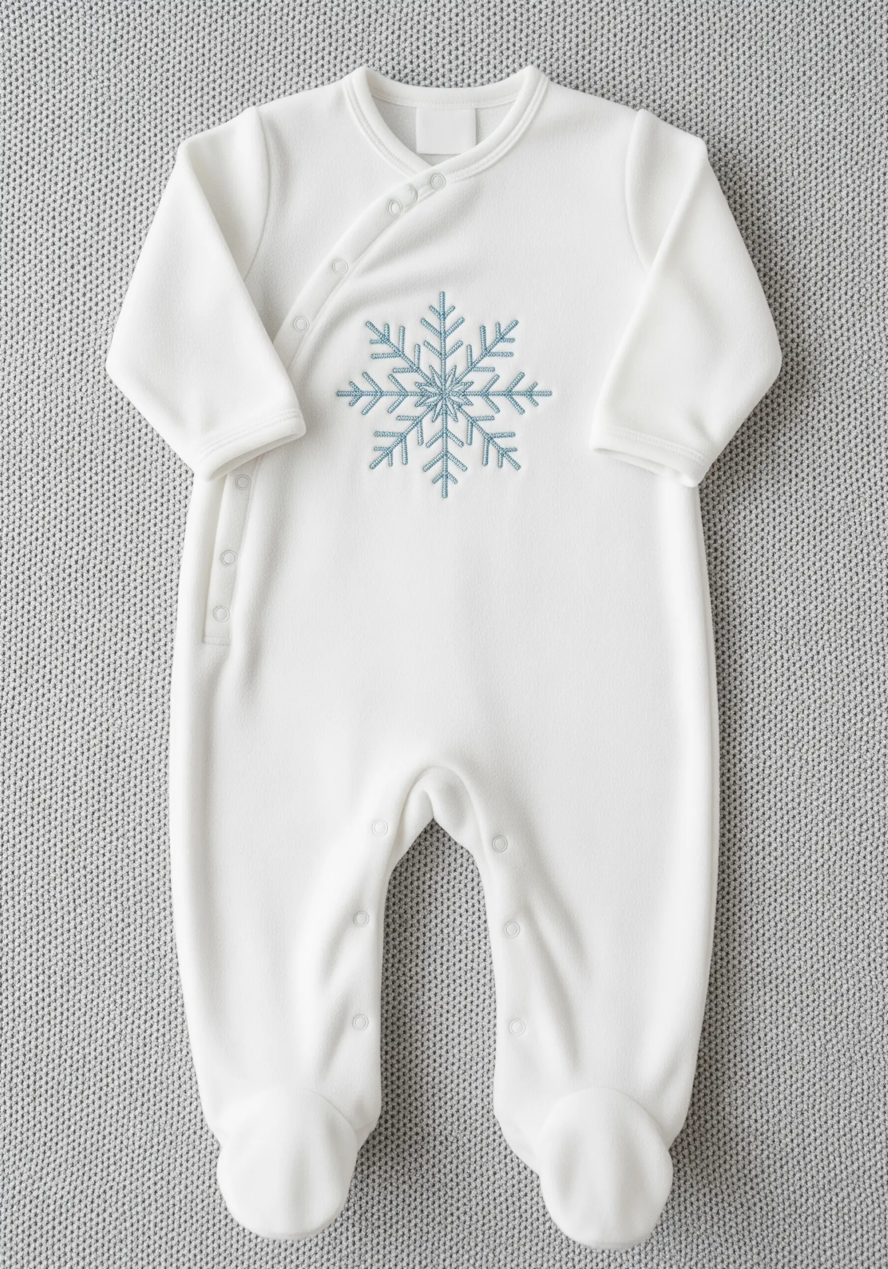 A light blue snowflake embroidered on a fluffy white fleece onesie.