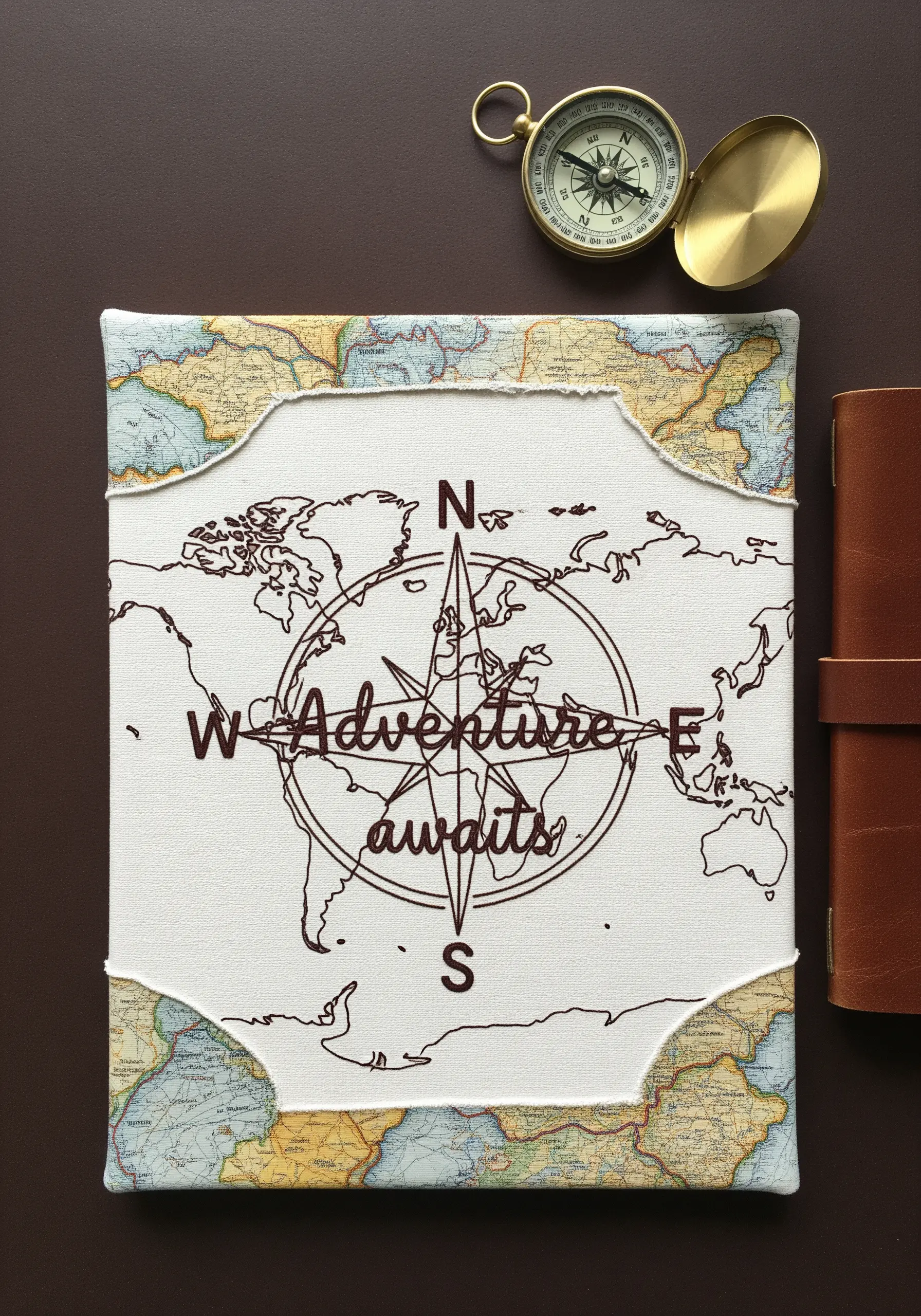 “Adventure awaits” quote embroidered over a compass design on a map-themed canvas.