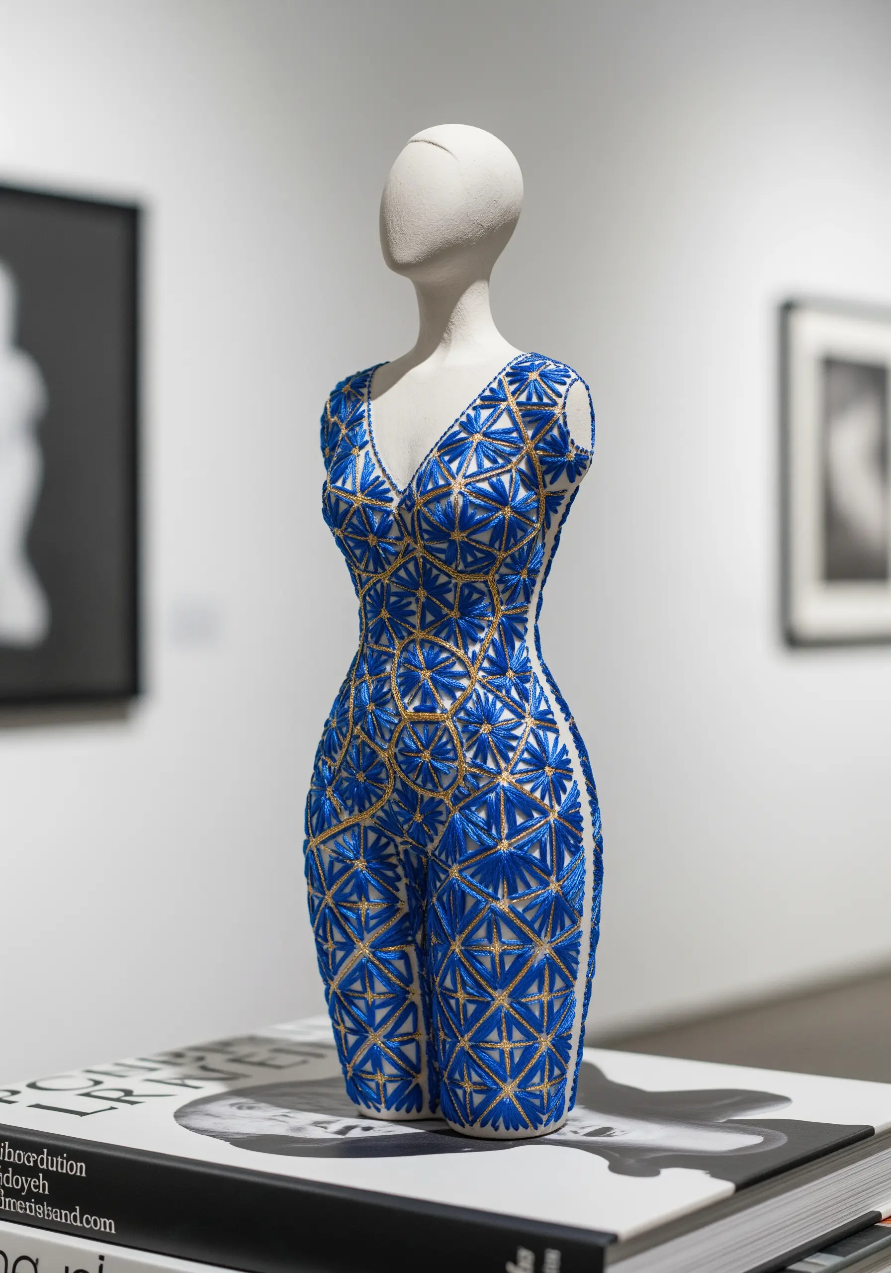 A sculptural female torso form covered in intricate blue and gold geometric embroidery.