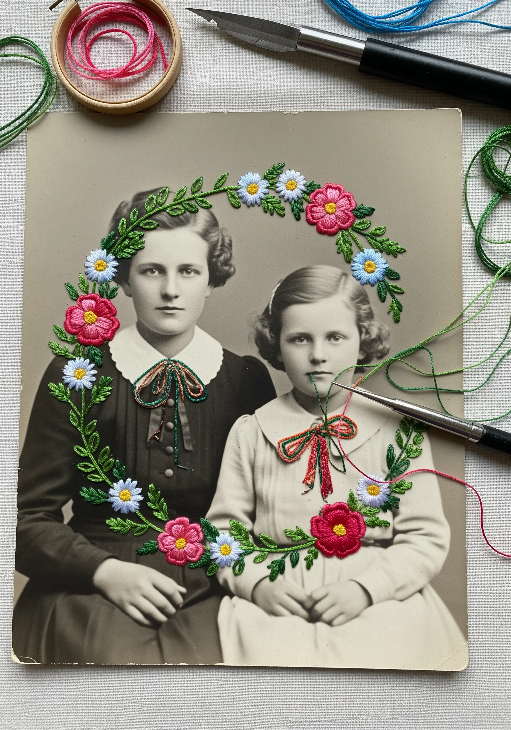 A vintage black and white photograph of two girls with a colorful embroidered floral wreath.