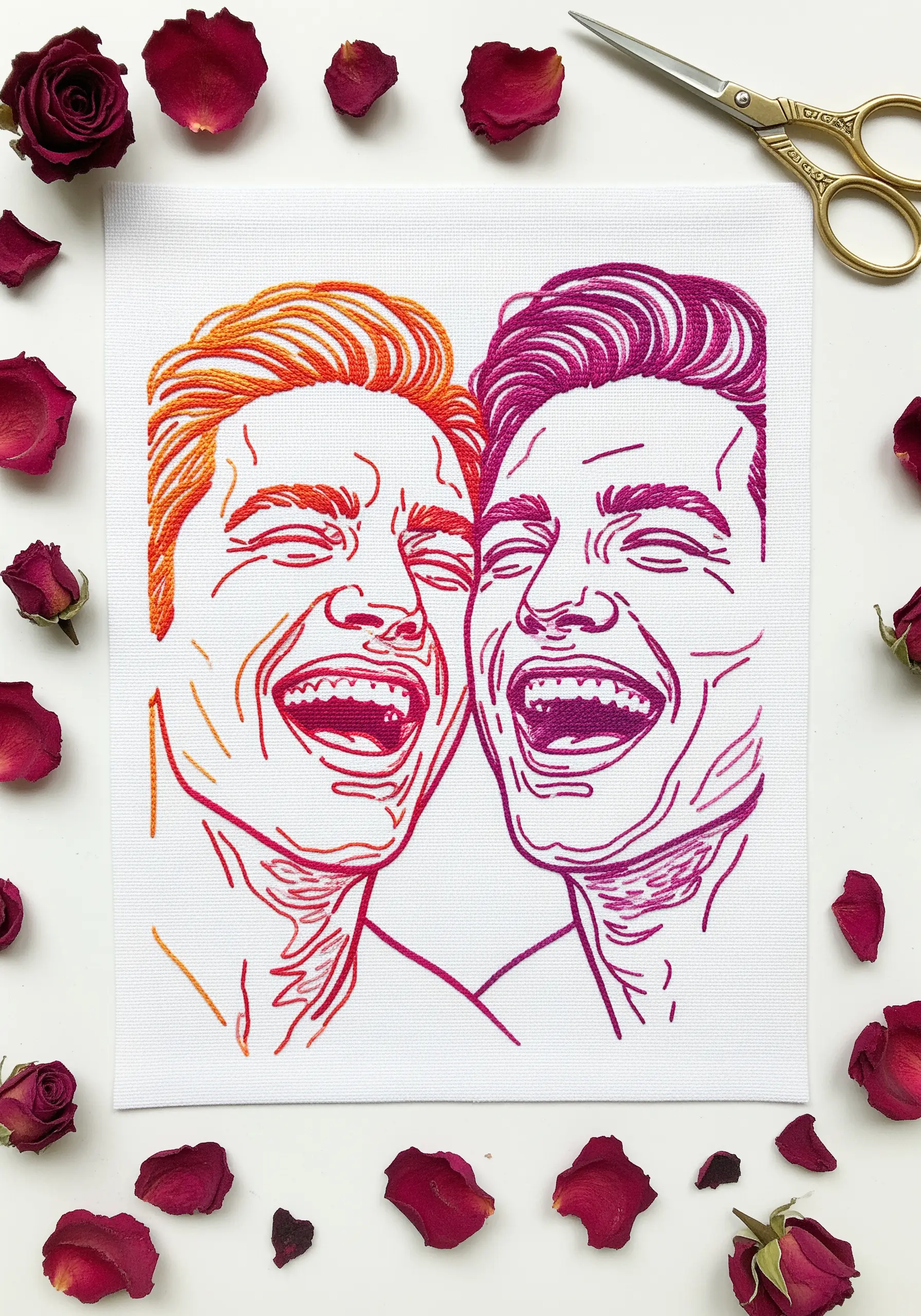 Two expressive faces outlined and filled with a vibrant orange-to-magenta thread-painted gradient.