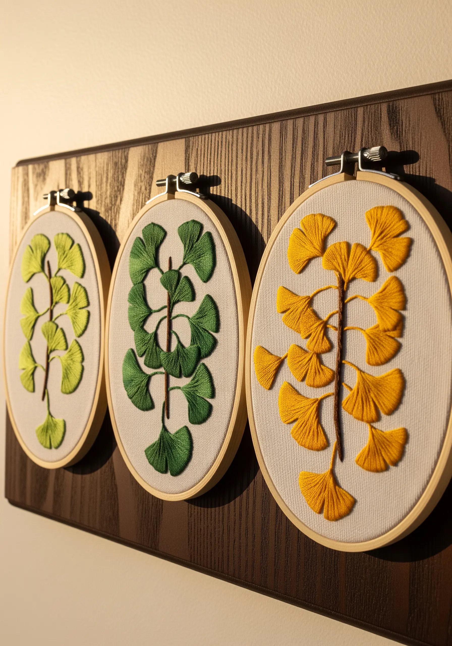 Three embroidery hoops showing the seasonal color change of ginkgo leaves.