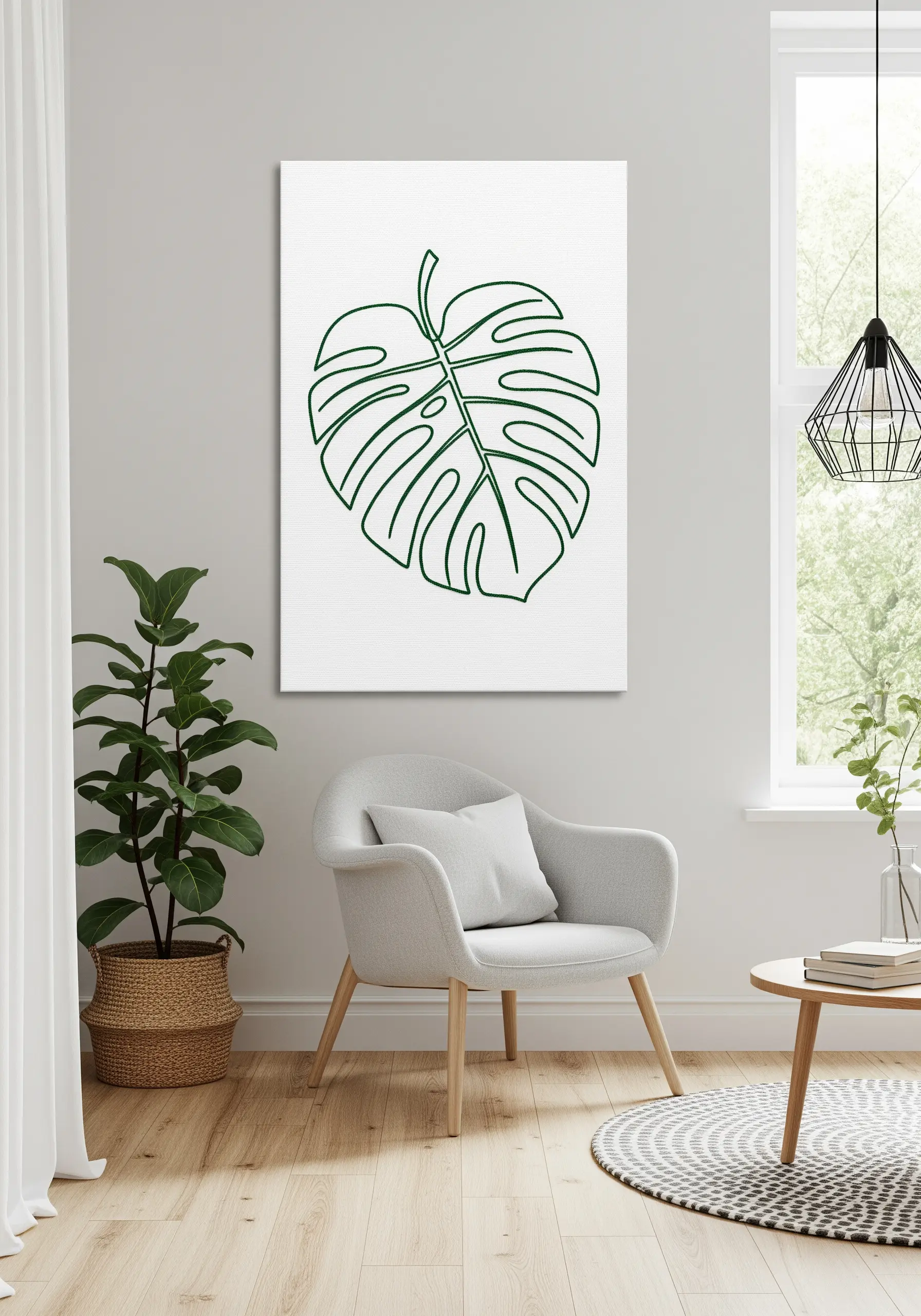 A simple white canvas with a bold, green-thread outline of a monstera leaf.