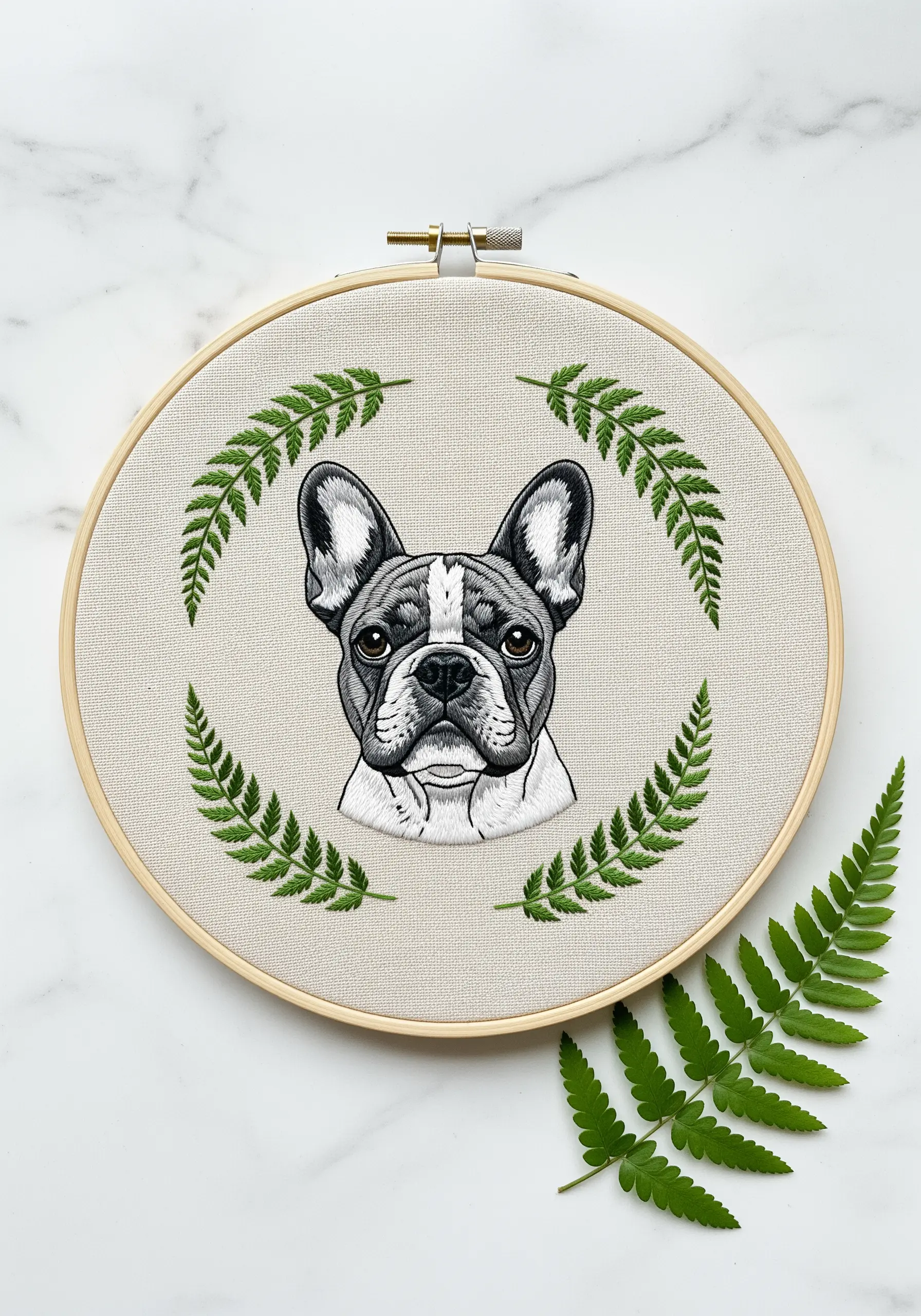 Graphic-style embroidery of a French Bulldog's face, framed by two green fern leaves.