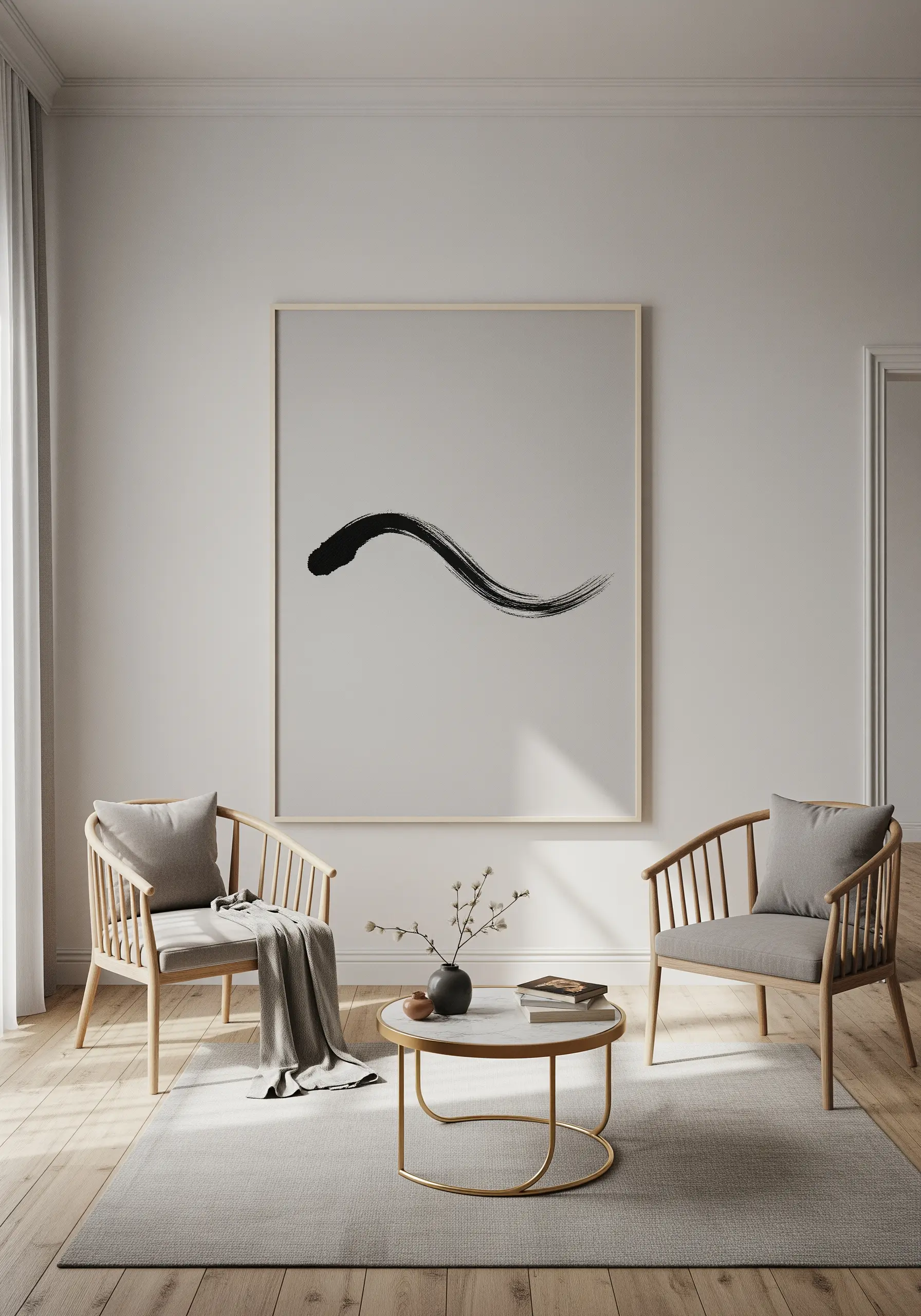 A large, framed embroidery of a single, expressive black brushstroke.