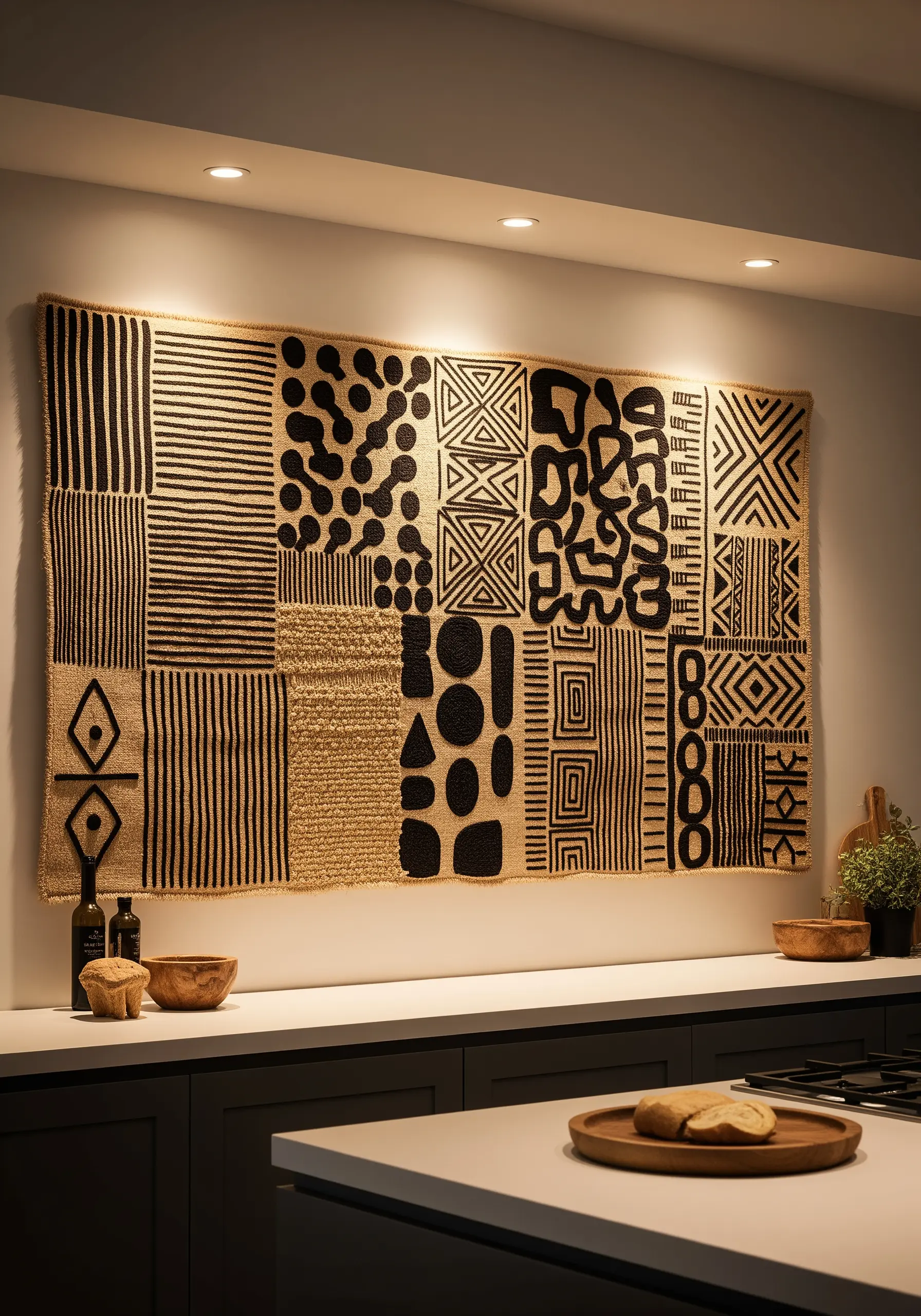 Textural embroidery inspired by African Kuba cloth with black abstract patterns on jute fabric.