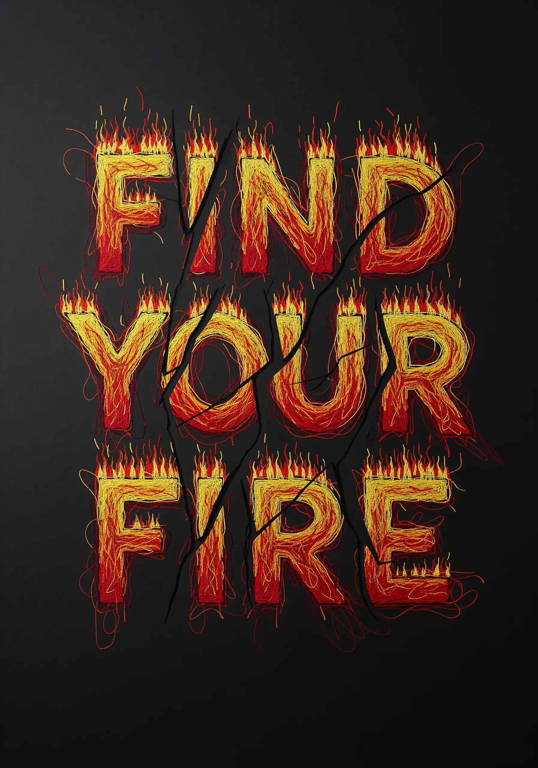 Typography that looks like burning embers with chaotic yellow, orange, and red threads.