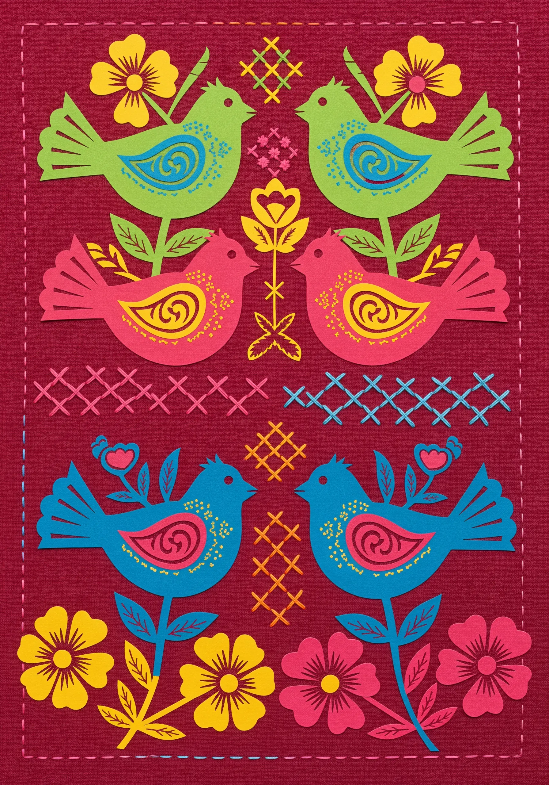 A folk-art style collage of birds and flowers, accented with decorative cross-stitch motifs.