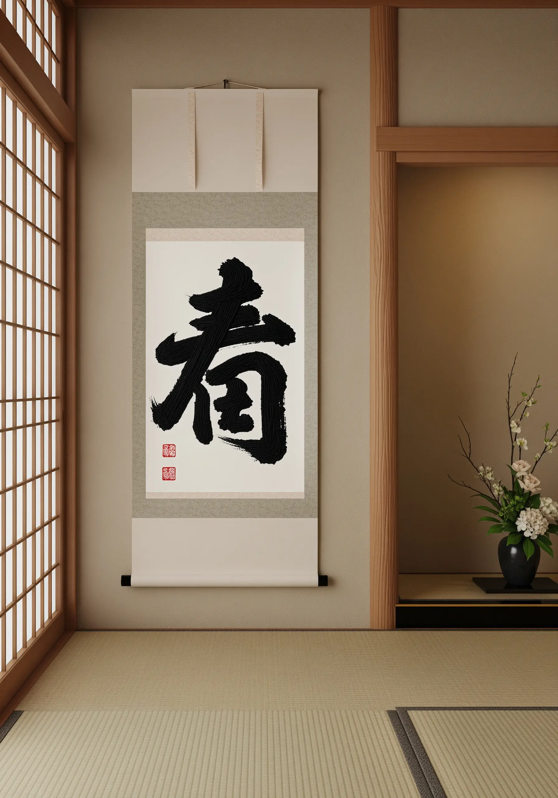 A Japanese wall scroll featuring a large, embroidered calligraphy character in black thread.