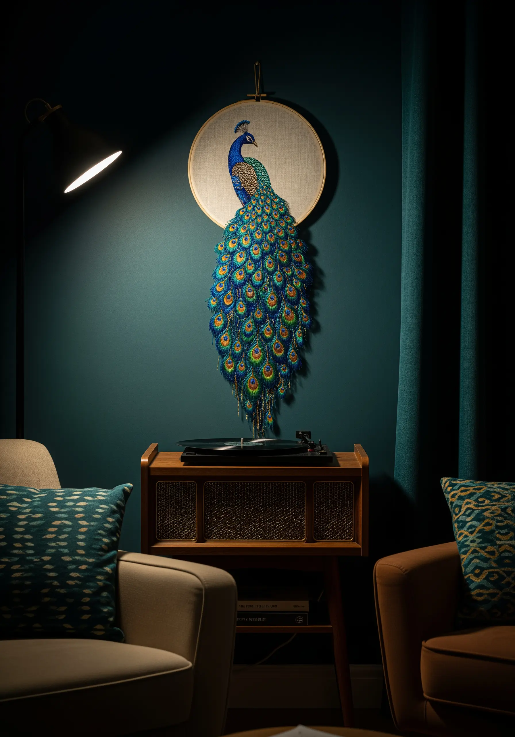 A dramatic peacock embroidery with a long, shimmering tail extending below the hoop.